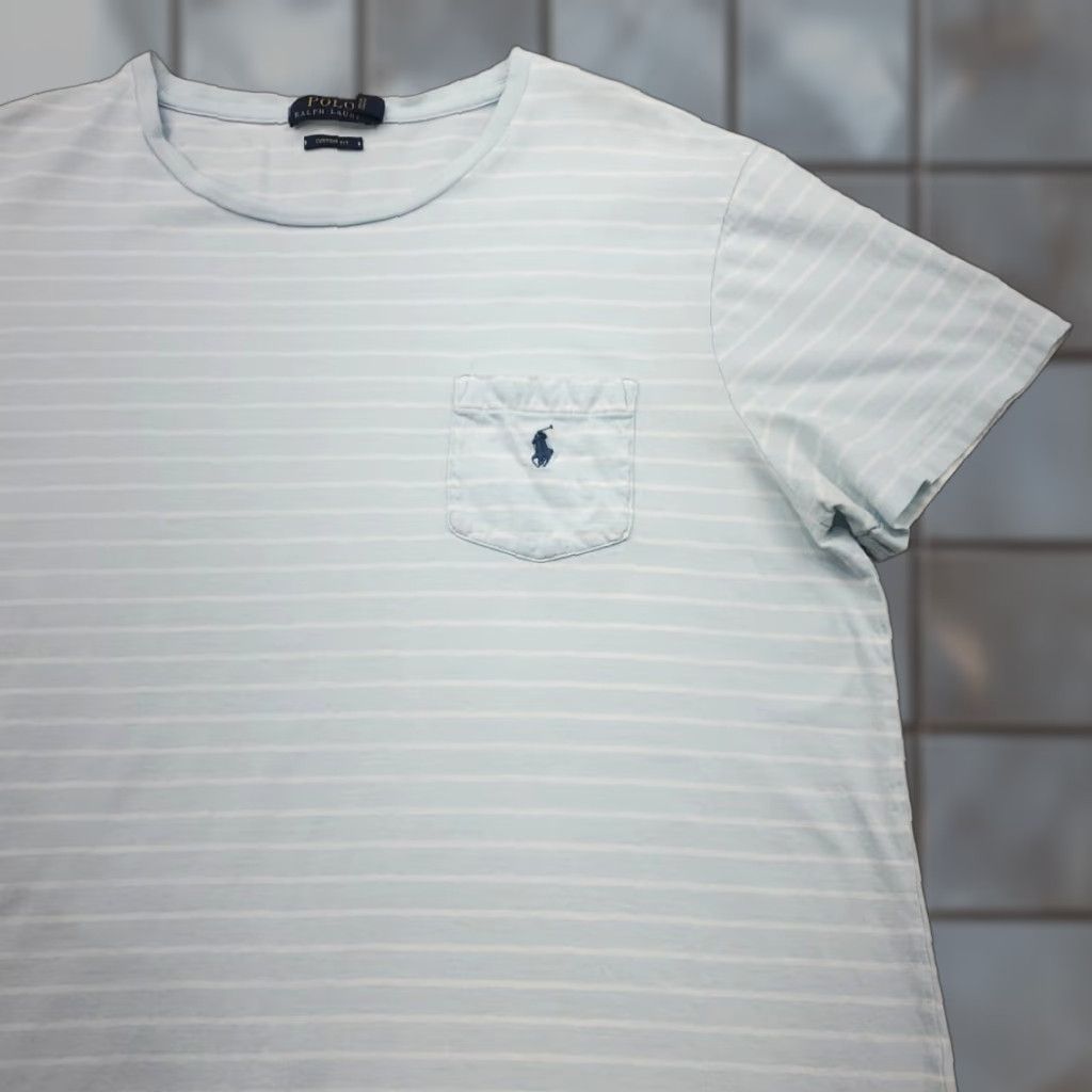 Ralph Lauren Polo Ralph Lauren Custom Fit T-Shirt Multicolor Striped Slim XL Mens Crew Neck Short Sleeve Light Blue Size US XL / EU 56 / 4 - 1 Thumbnail