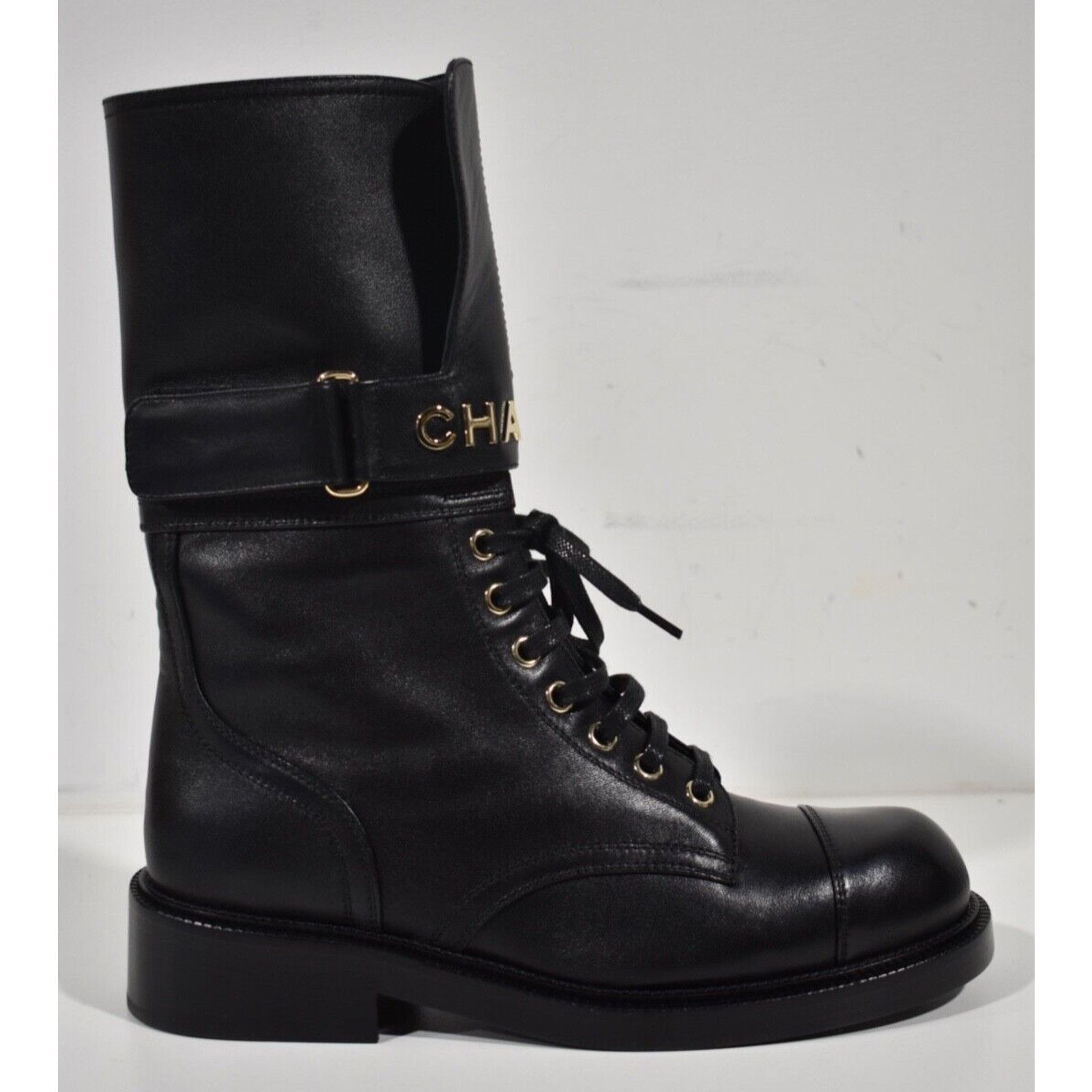 Chanel 22A Logo CC Combat Lace Up Tie Military Tall Boots 37.5 Size US 7.5 / IT 37.5 - 1 Thumbnail
