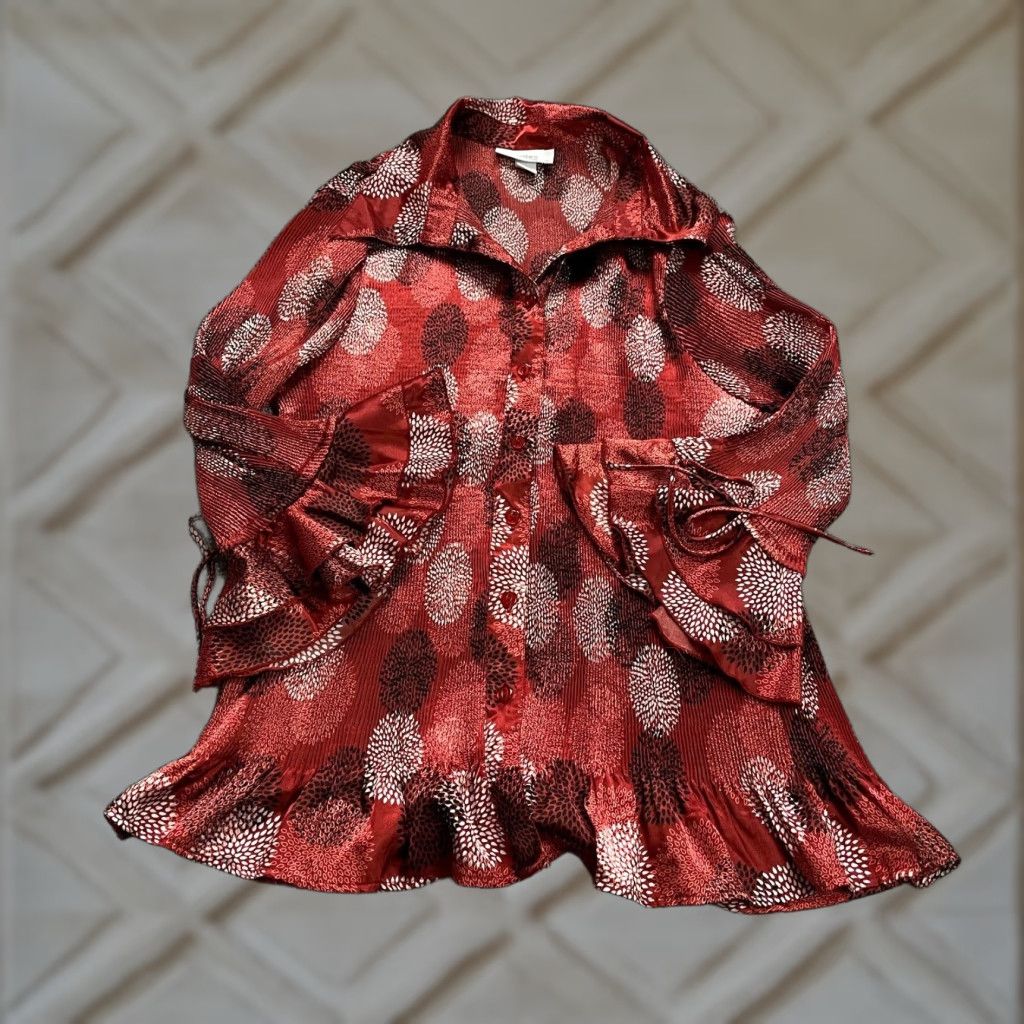 Vintage Dressbarn Dress Womens XL Red Patterned Ruffles Bell Sleeve Button Down Shirt Geometric Polyester Size XL / US 12-14 / IT 48-50 - 1 Thumbnail
