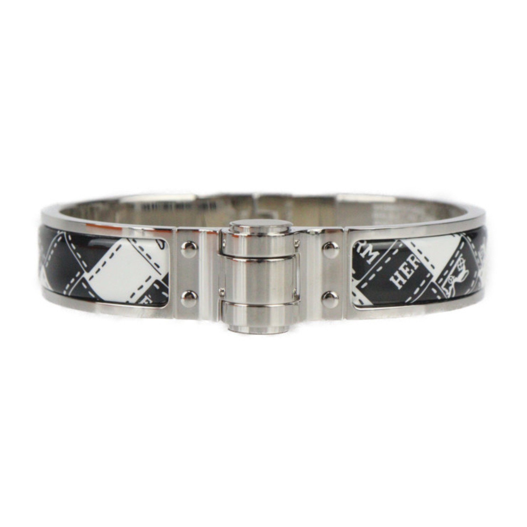 HERMES Charnier PM Bracelet - Metal Cloisonne Silver Black White Bangle 2411073007055R1