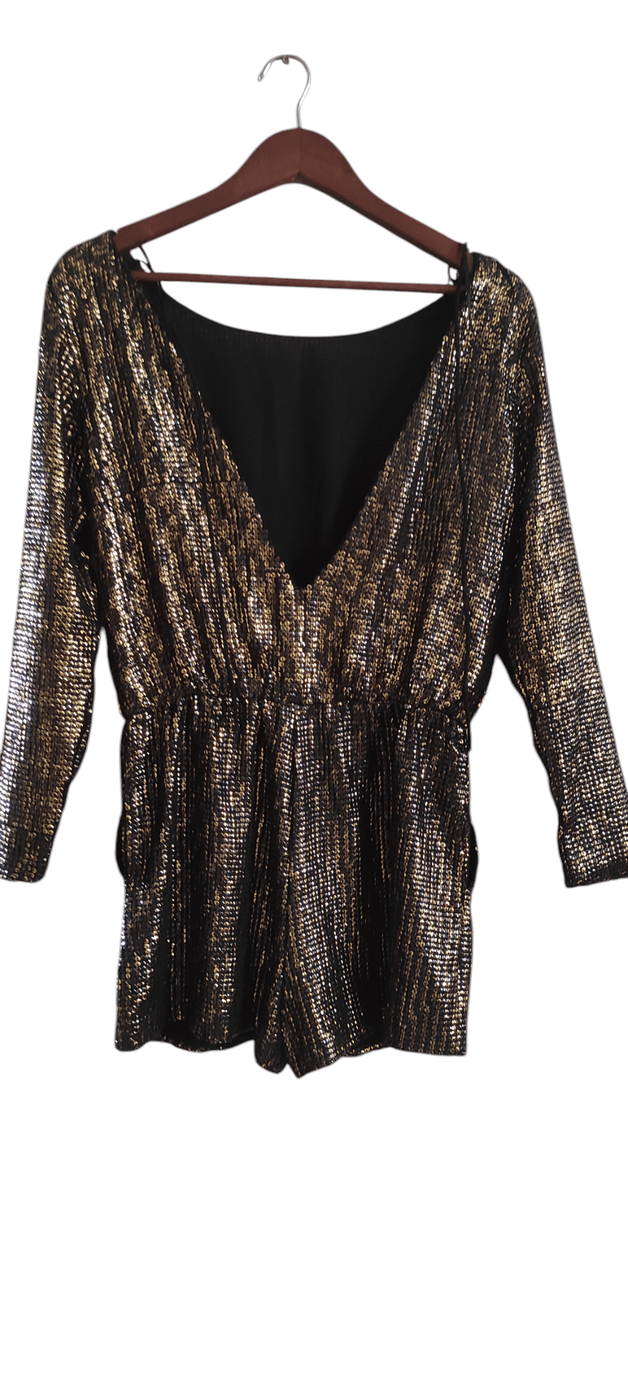 Zara ZARA Jumpsuit Gold Sequin Black Metallic Long Sleeve Romper Size 26" / US 2 / IT 38 - 4 Thumbnail