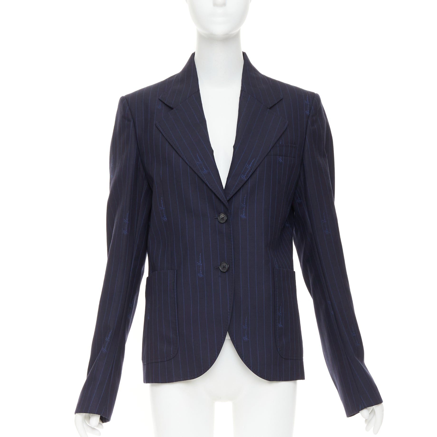 Versace VERSACE navy virgin wool cotton GV Signature pinstripe blazer jacket IT40 S Size S / US 4 / IT 40 - 1 Thumbnail