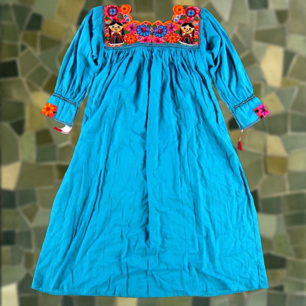 Altea VINTAGE Handmade 100% Cotton Teal Blue Embroidered Floral Ethnic Smock Dress S-M Size S / US 4 / IT 40 - 1 Thumbnail