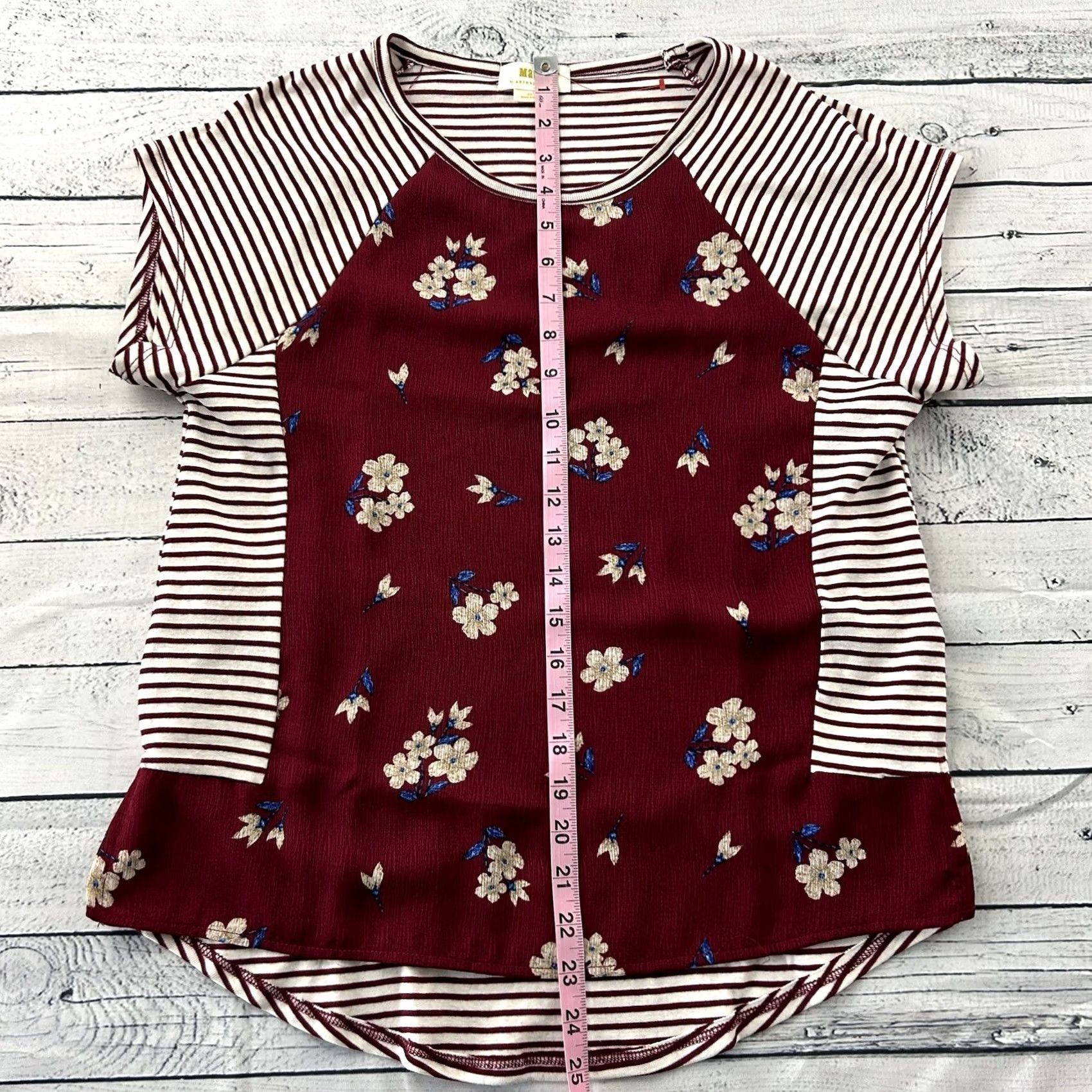 Vintage Maeve Anthropologie Striped Floral Short Sleeve Top XS Womens Maroon Red Blouse Shirt Womens XS Floral 90s? Size XS / US 0-2 / IT 36-38 - 3 Thumbnail