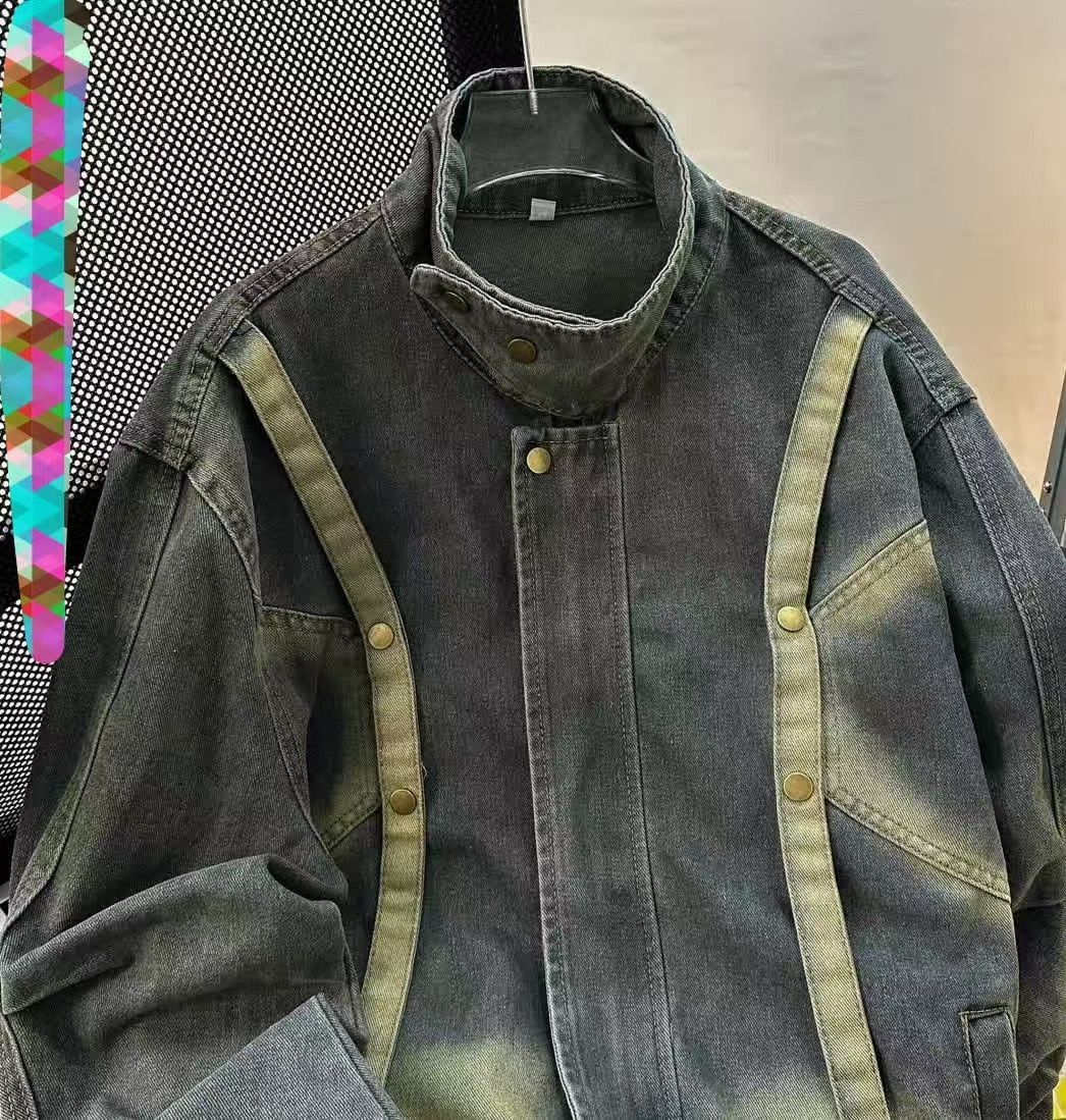 Vintage Olive Washed Denim Jacket with Contrast Stripe Details Size US M / EU 48-50 / 2 - 2 Thumbnail