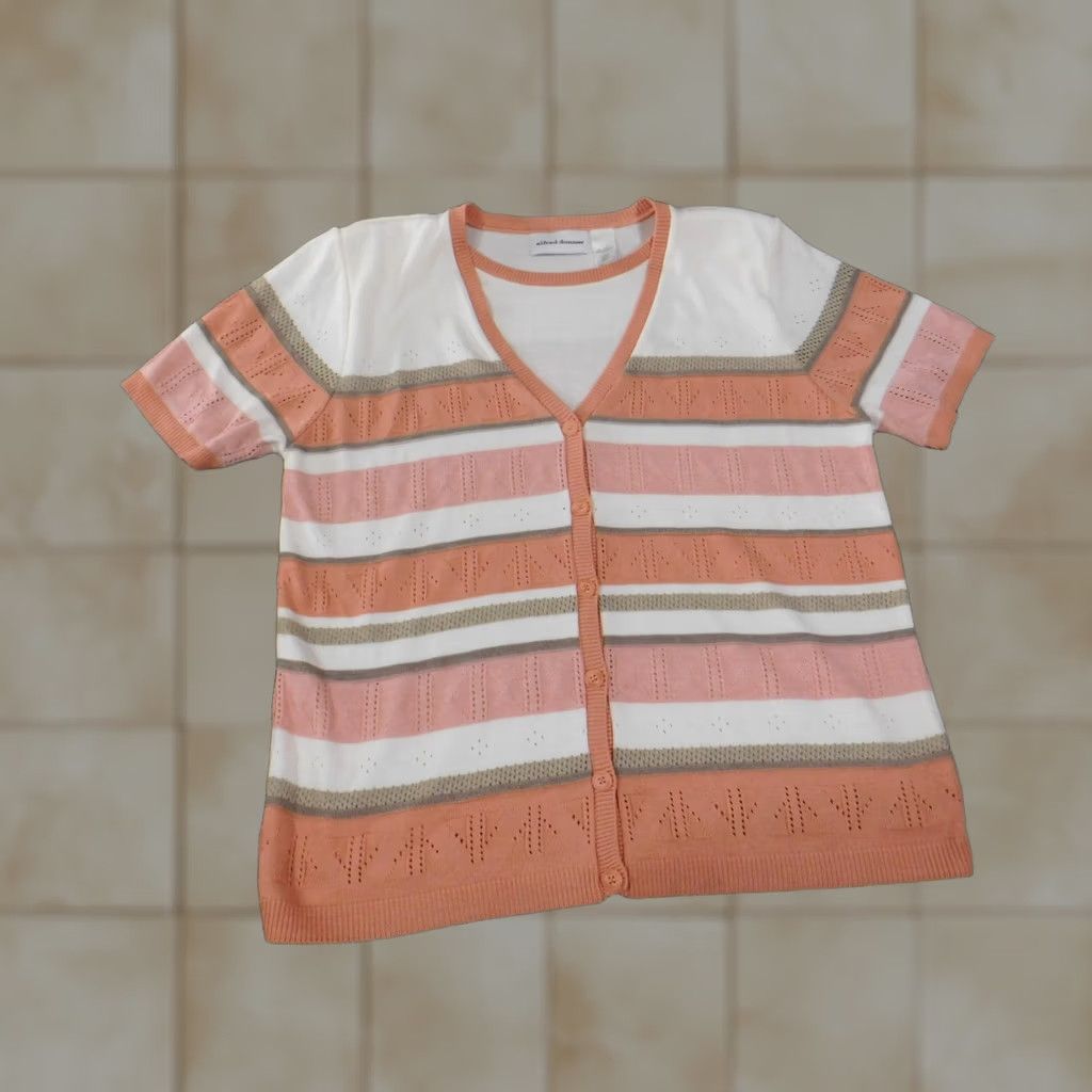 Vintage Alfred Dunner Cardigan Sweater L Orange Raglan Short Sleeve V-Neck Knit Striped Acrylic Shoulder Pads Size L / US 10 / IT 46 - 1 Thumbnail