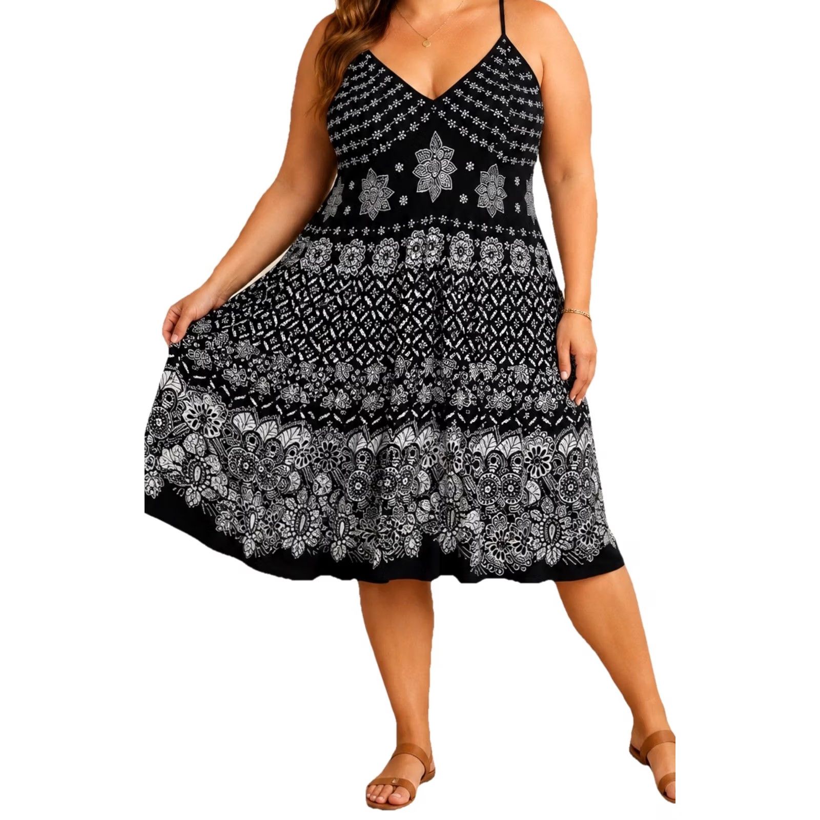 Vintage Magic 100% Cotton Black White Strappy Midi Dress Bohemian 3XL India Size XXL / US 16-18 / IT 52-54 - 2 Thumbnail