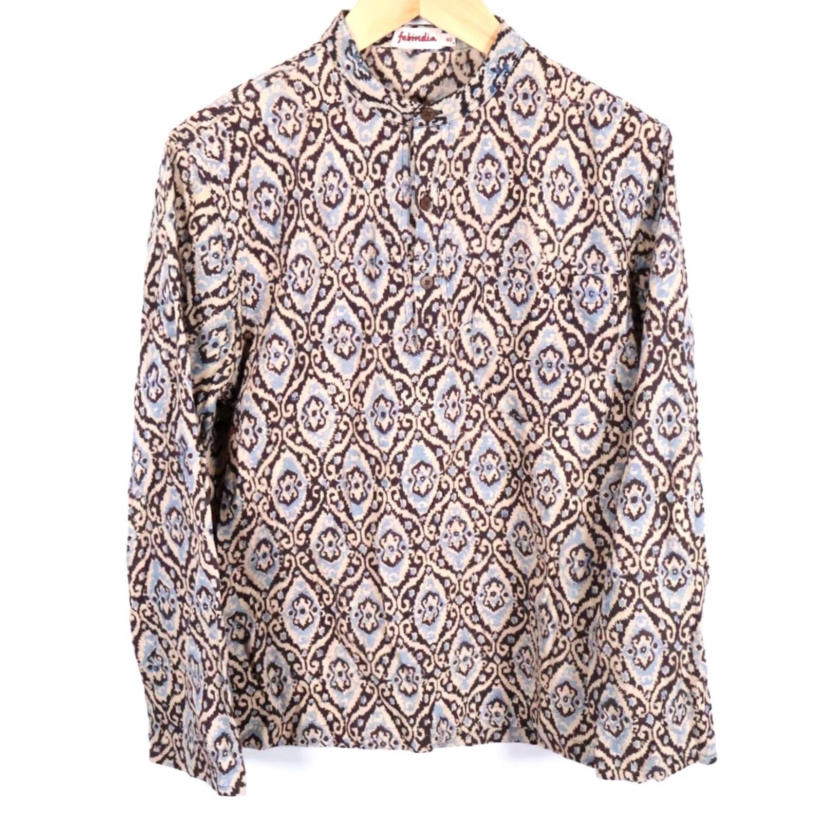 Vintage VINTAGE Fabindia Shirt Men's Medium 40 Brown Geometric Band Collar Hippie Boho Popover Button-Up Disco Size US M / EU 48-50 / 2 - 2 Thumbnail