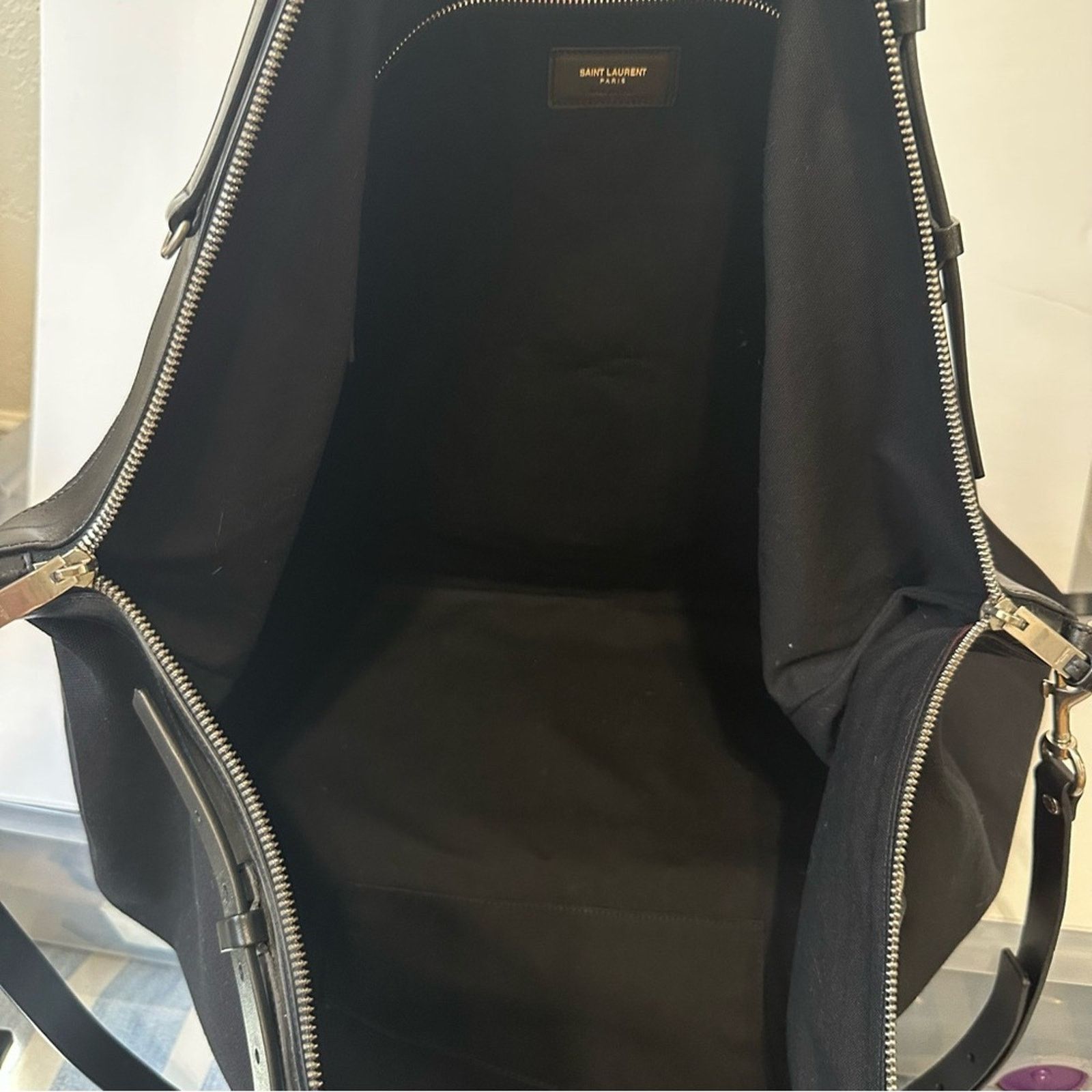 Saint Laurent Paris ID Convertible Canvas Travel Duffel Bag Lrg Black Leather Size ONE SIZE - 6 Thumbnail