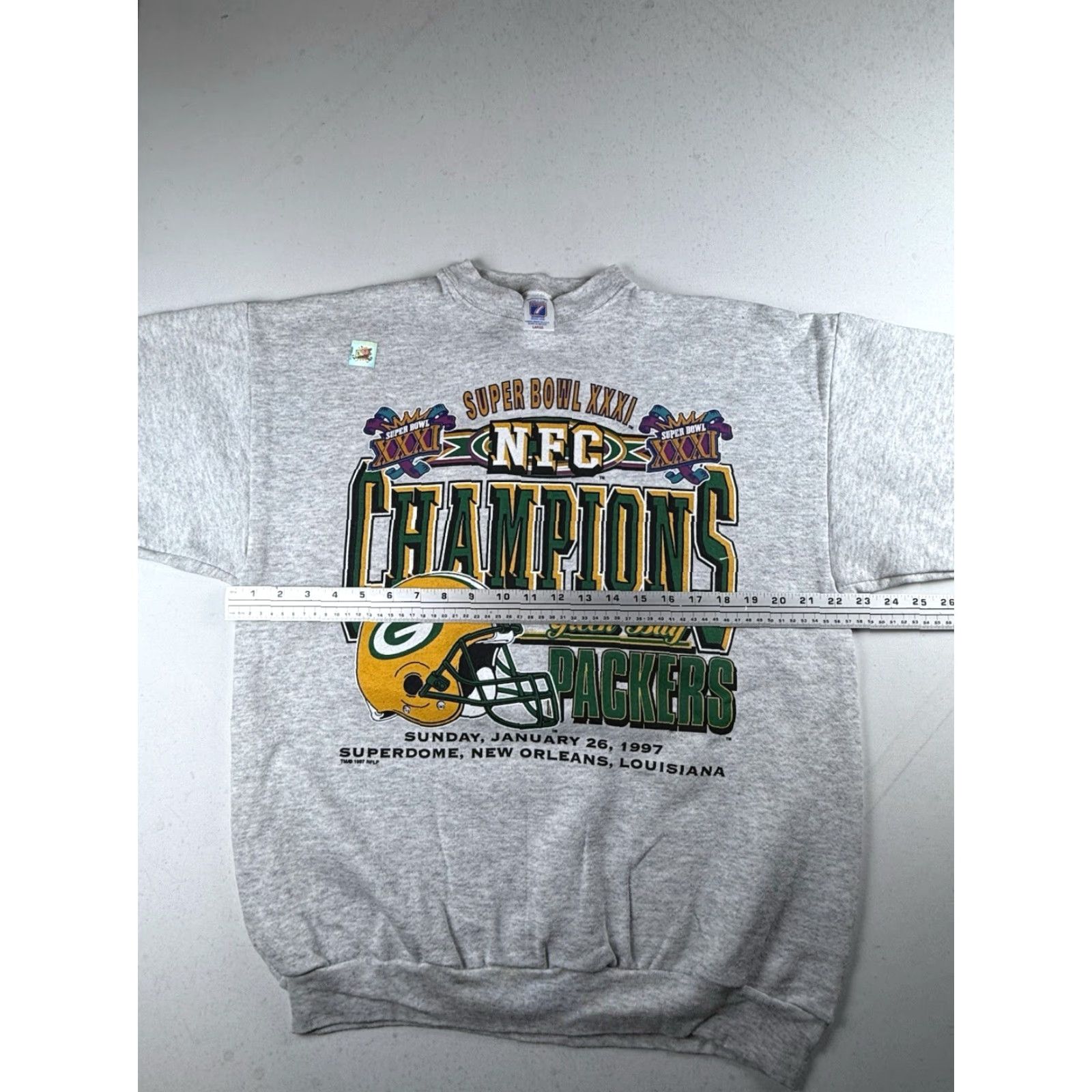 Logo 7 VINTAGE 1997 Green Bay Packers Sweatshirt NFC Champions Super Bowl XXXI Logo 7 L Gray Pullover Hooded Mens Sweatshirt Size US L / EU 52-54 / 3 - 6 Thumbnail