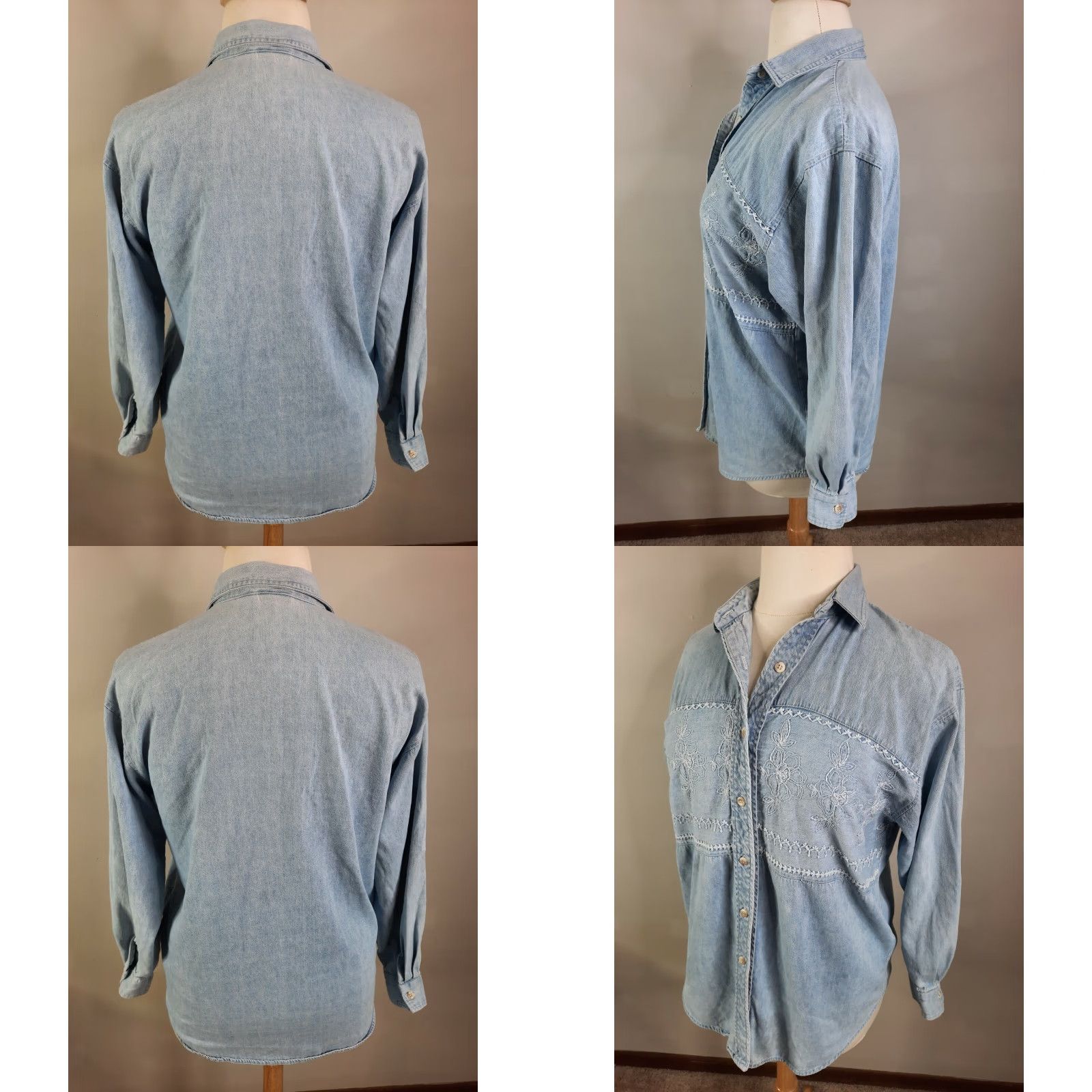 Denime VINTAGE L2S 1990s Oversized Denim Embroidered Floral Grunge Shirt Top Large USA Mens Womens Boys Girls Size L / US 10 / IT 46 - 8 Thumbnail