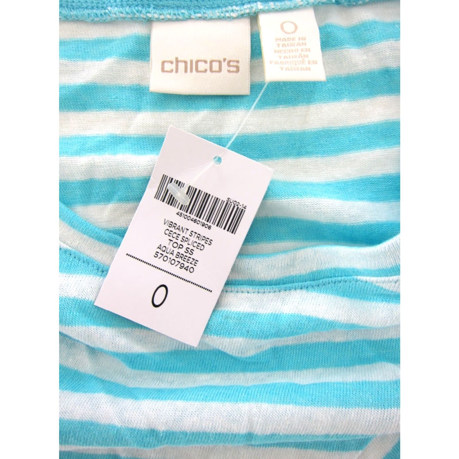 Vintage Chico's Blouse Blue Aqua Breeze White Stripe Cece Spliced Short Sleeve NWT 0/S Small Size S / US 4 / IT 40 - 3 Thumbnail