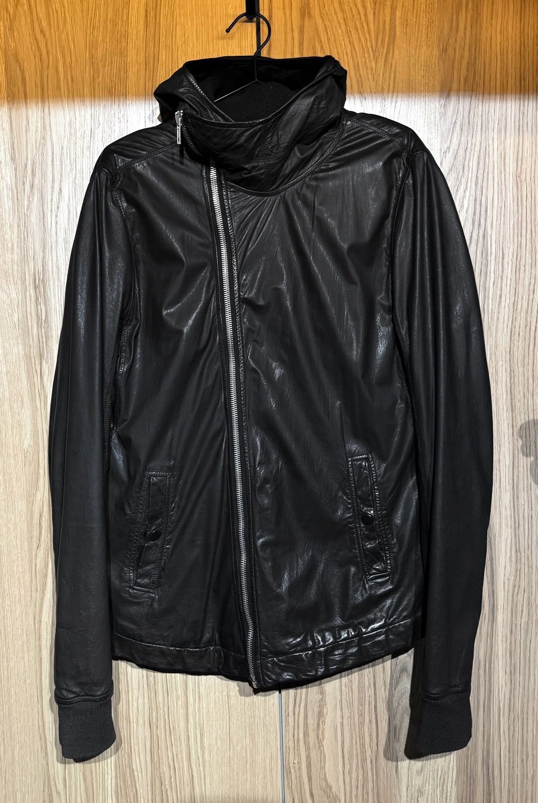image of Rick Owens Pre’13 $3752 Mainline Asymmetrical Zip Hooded Leather Jacket in Black, Men's (Size XL)
