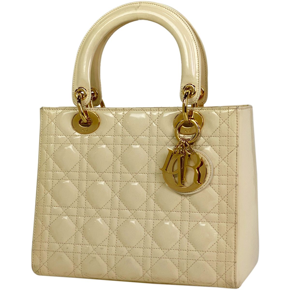 image of Christian Dior 2Way Shoulder Bag Enamel Cannage Handbag Patent Leather Beige, Women's