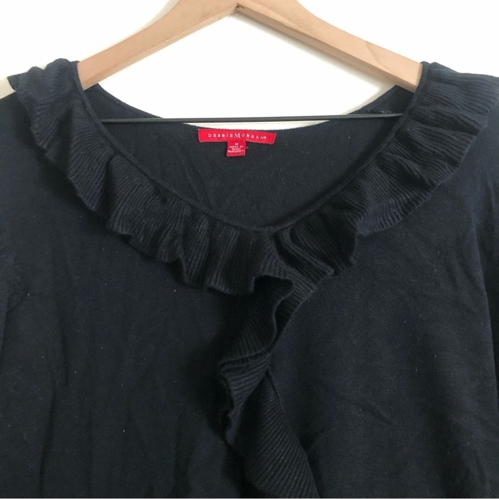 Other Debbie Morgan Black Long Sleeve V-Neck Ruffle Knit Sweater Size M / US 6-8 / IT 42-44 - 3 Thumbnail