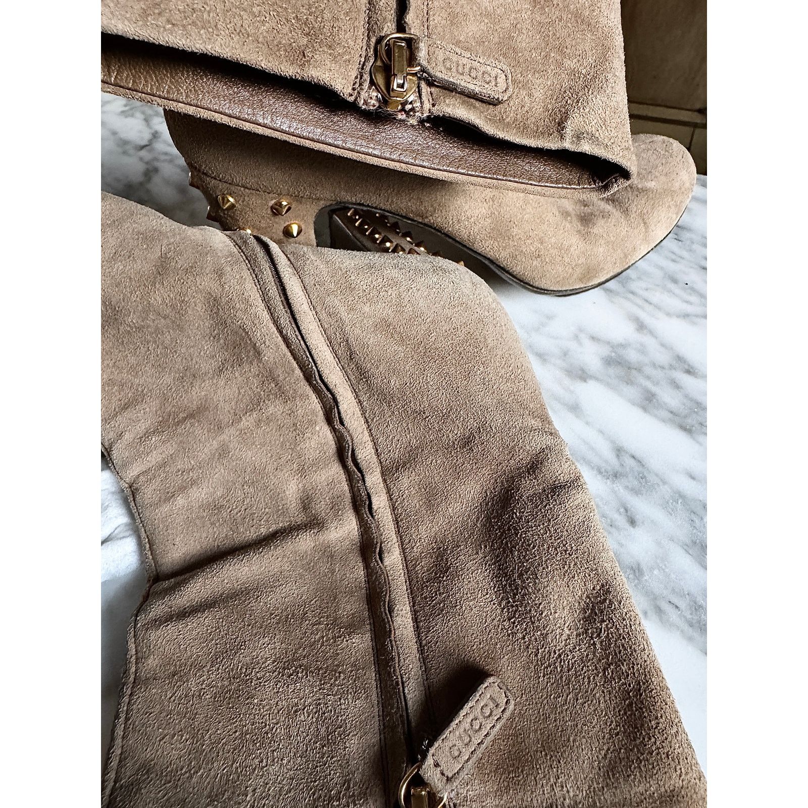 Gucci Gucci Gold Studded Tan Suede Boots Size US 10 / IT 40 - 2 Thumbnail