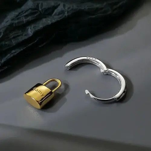 Designer × Sterling Silver Titanium Steel Gold Lock Dangle Drop Earrings for Men Women Size ONE SIZE - 4 Thumbnail
