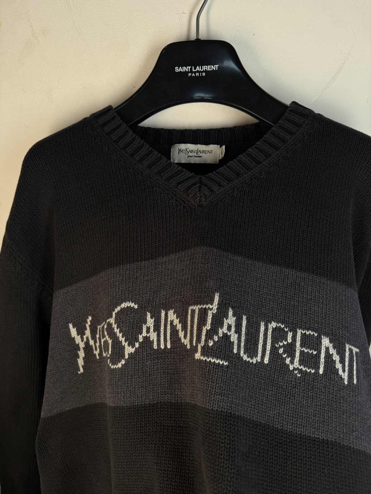 Yves Saint Laurent Black YSL Sweater Knit Big Logo V-neck Vintage y2k Rare Size US L / EU 52-54 / 3 - 16 Thumbnail