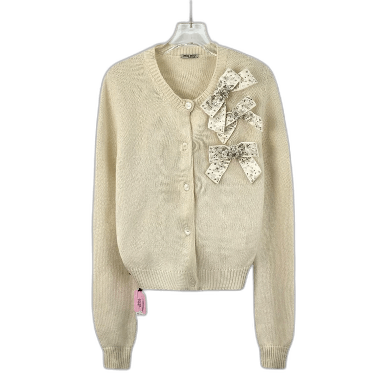 Miu Miu MiuMiu Beige Bow-Detail Cashmere Cardigan Size S / US 4 / IT 40 - 1 Thumbnail