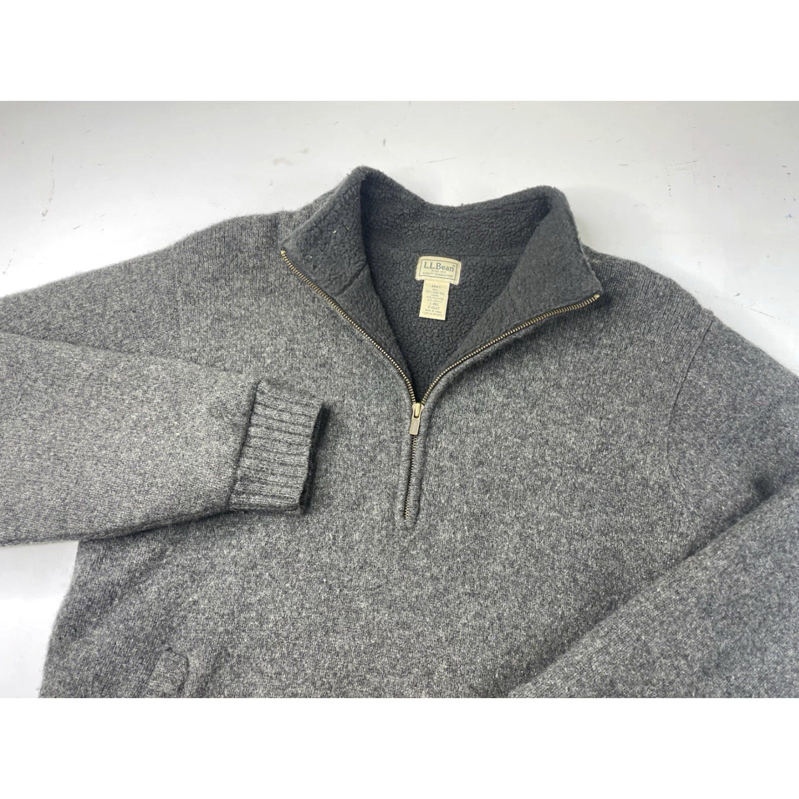 Vintage L.L. Bean Sweater Mens Large 100% Lambswool Sherpa Lined 1/4 Zip Jacket Dark Gray Size US L / EU 52-54 / 3 - 2 Thumbnail