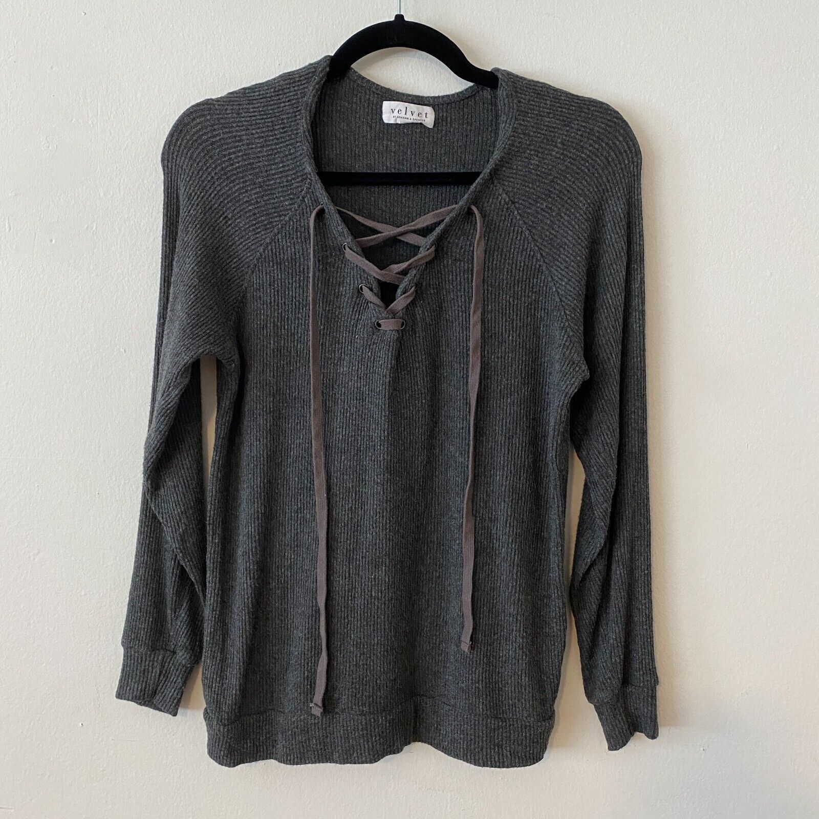 Other VELVET Graham & Spencer Gray Laceup VFront Long Sleeve Top Size XS / US 0-2 / IT 36-38 - 3 Thumbnail