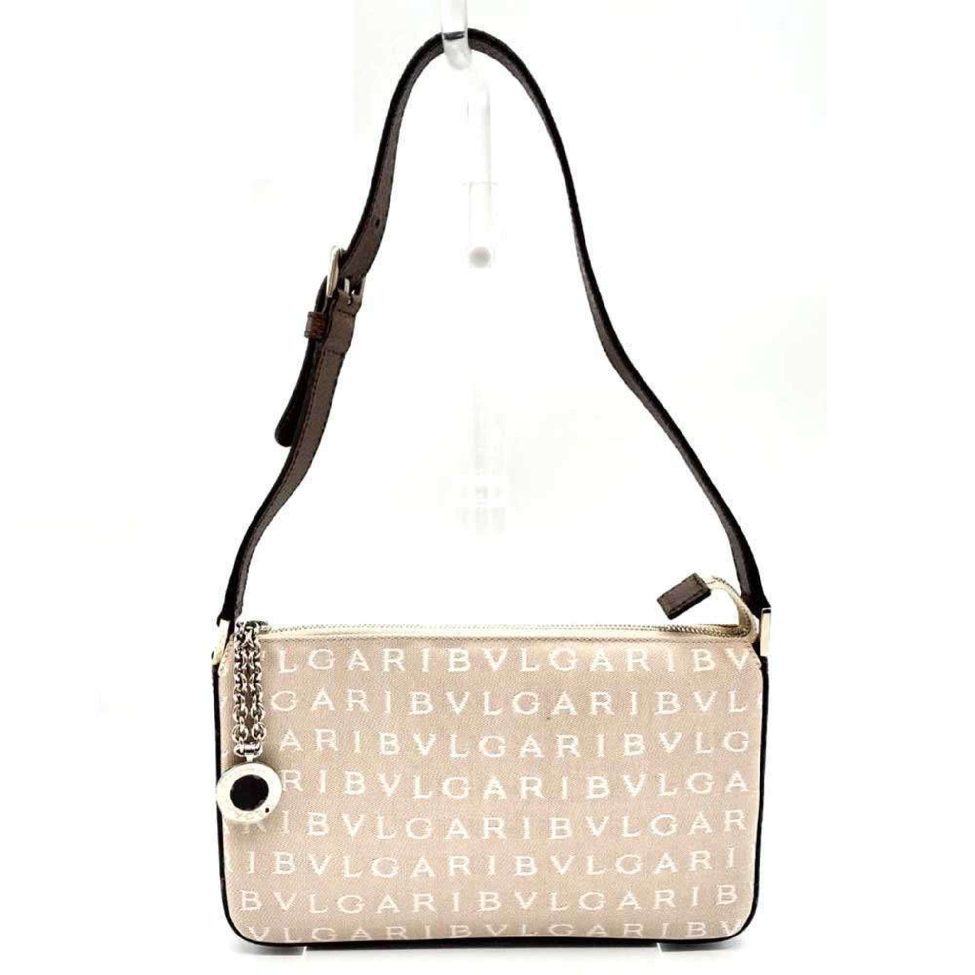 Bvlgari Mania Mini Shoulder Bag Pink Beige Pouch Horizontal Women's Canvas X Leather
