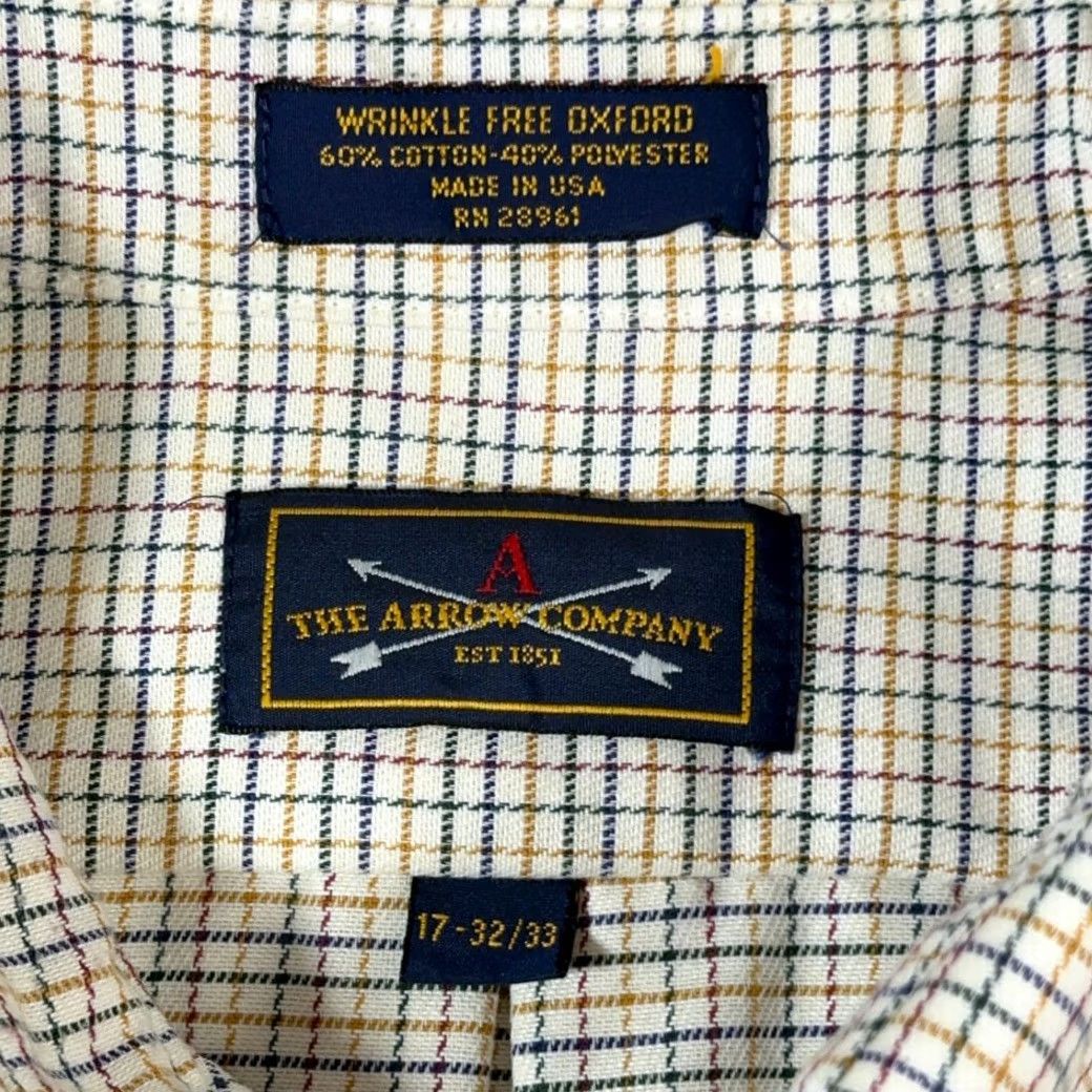 Arrow VINTAGE Arrow Dress Shirt Windowpane Plaid Oxford 80s USA Made Button-Up Adult XL White Size 46R - 4 Thumbnail