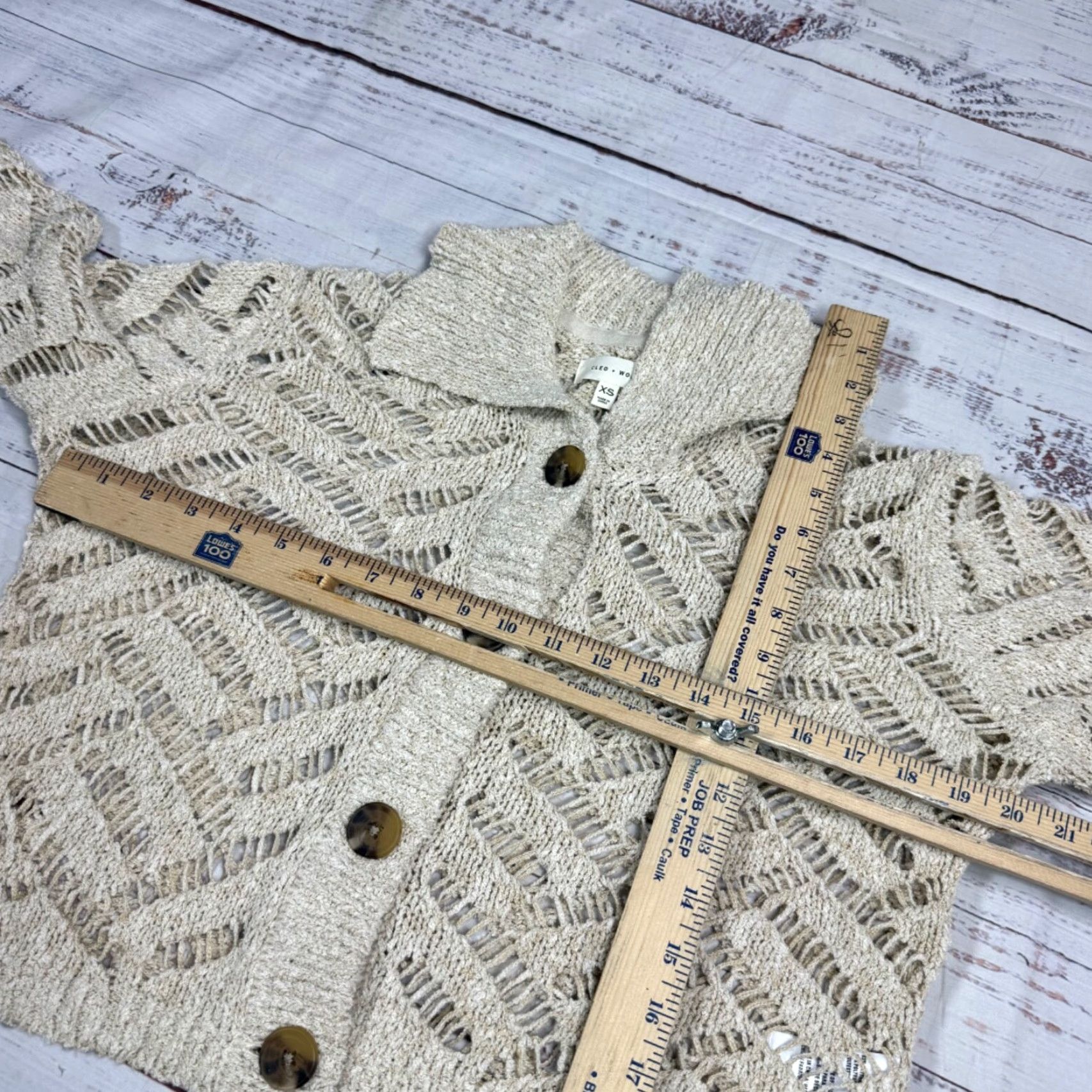 Vintage Cleo + Wolf Cardigan XS Beige Open-Knit Collared Cropped Waist Womens Sweater Size XS / US 0-2 / IT 36-38 - 3 Thumbnail