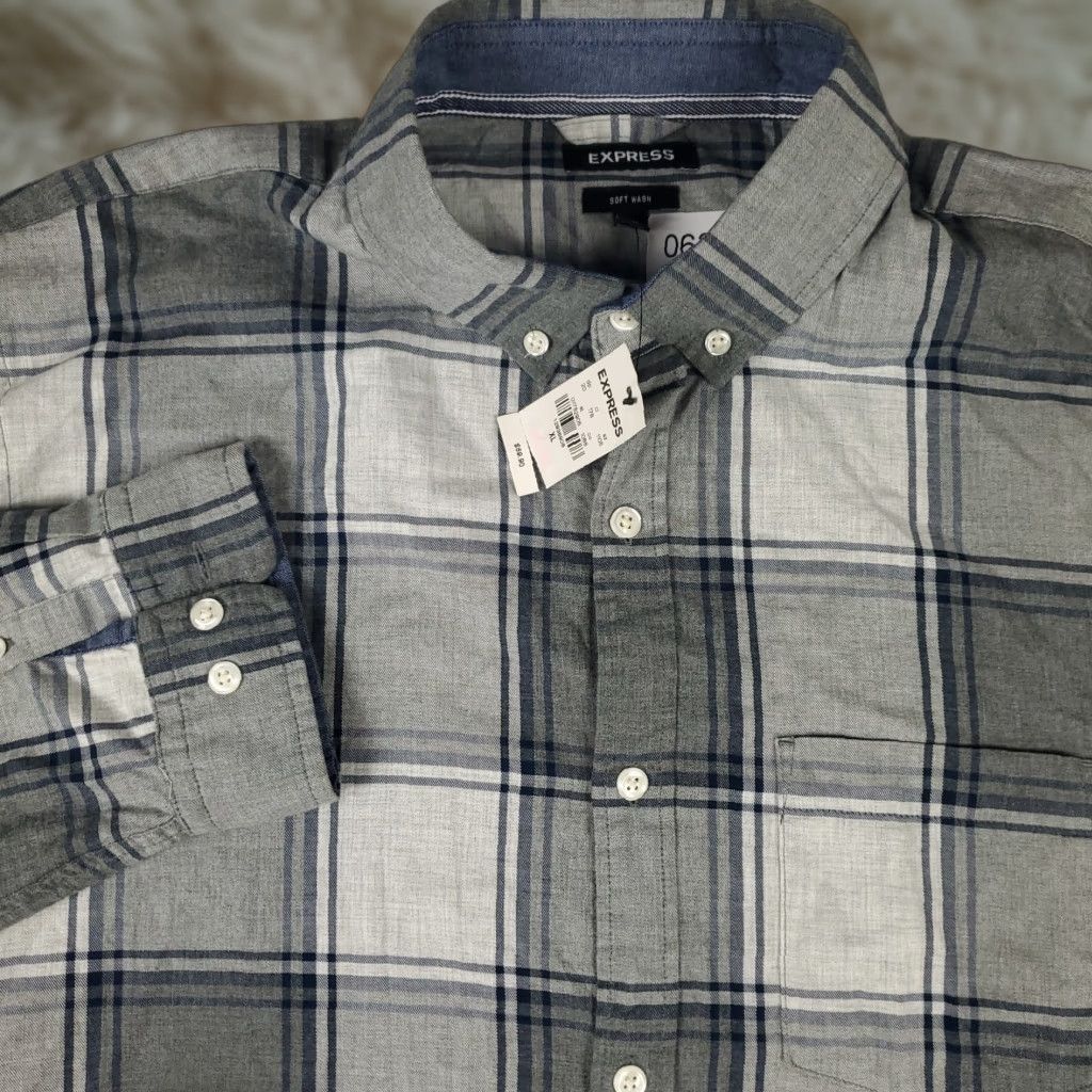 Express Express Shirt Mens XL Gray Plaid Button-Up Long Sleeve - Cotton, Woven, Regular Fit, Collared, Office/Casual, Button Front - Express Brand Mens Shirt Size US XL / EU 56 / 4 - 1 Thumbnail