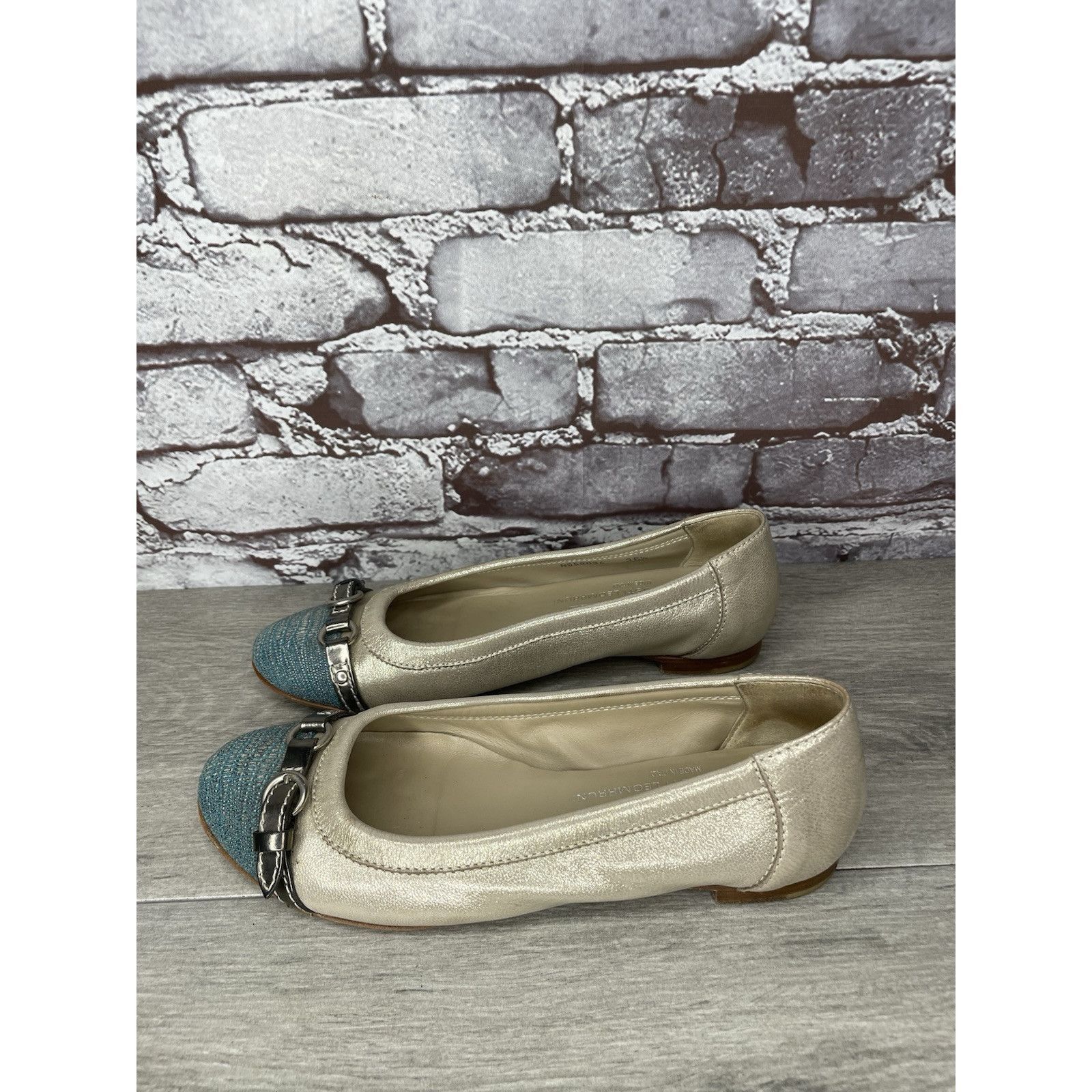 AGLINI AGL Metallic Gold Shimmer Leather Blue Cap Toe Ballet Flats Size US 6 / IT 36 - 17 Thumbnail
