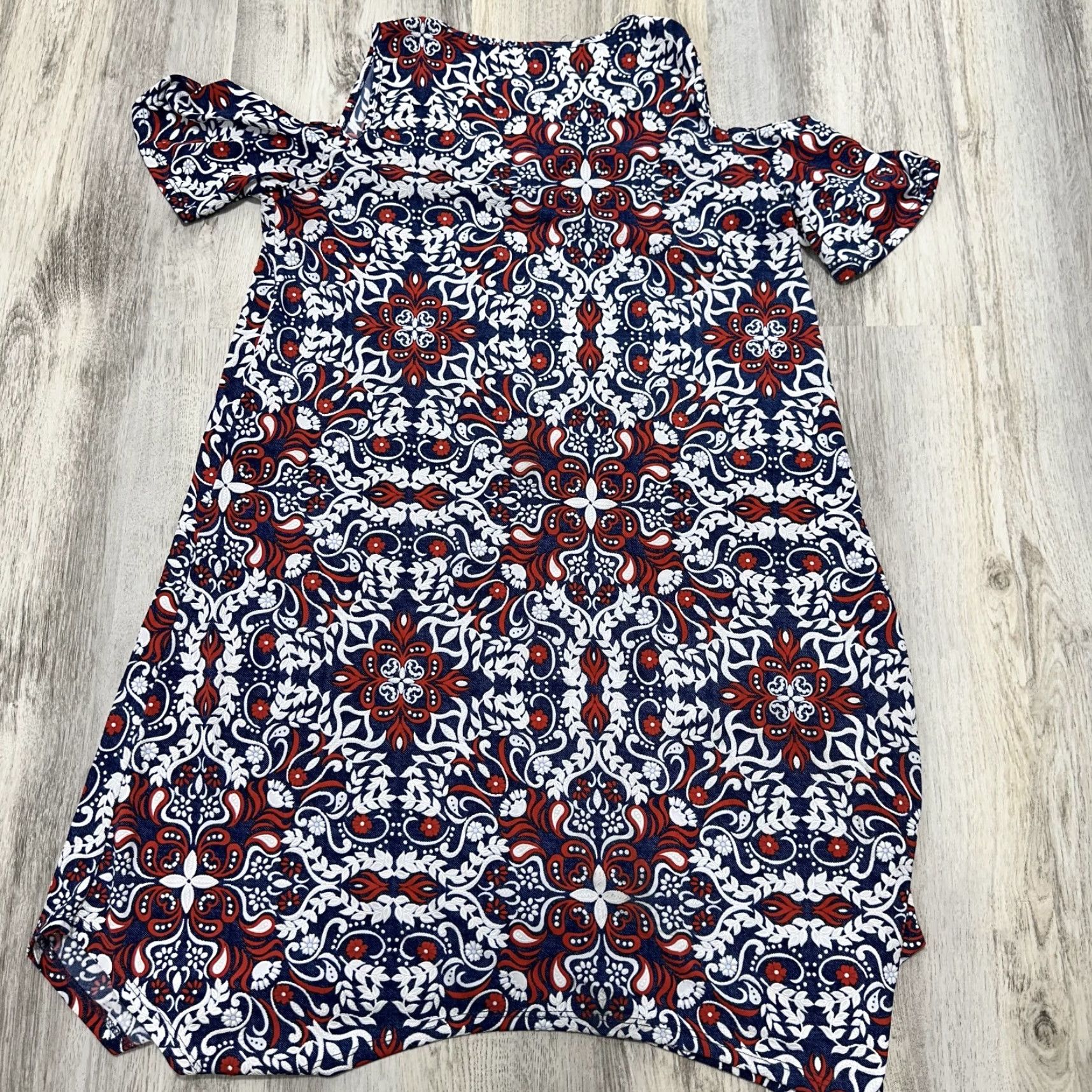 Vintage SJS Red White Blue Mosaic Print Asymmetric Trapeze Mini Dress Open Shoulder Sz S Womens Dress Size S / US 4 / IT 40 - 3 Thumbnail