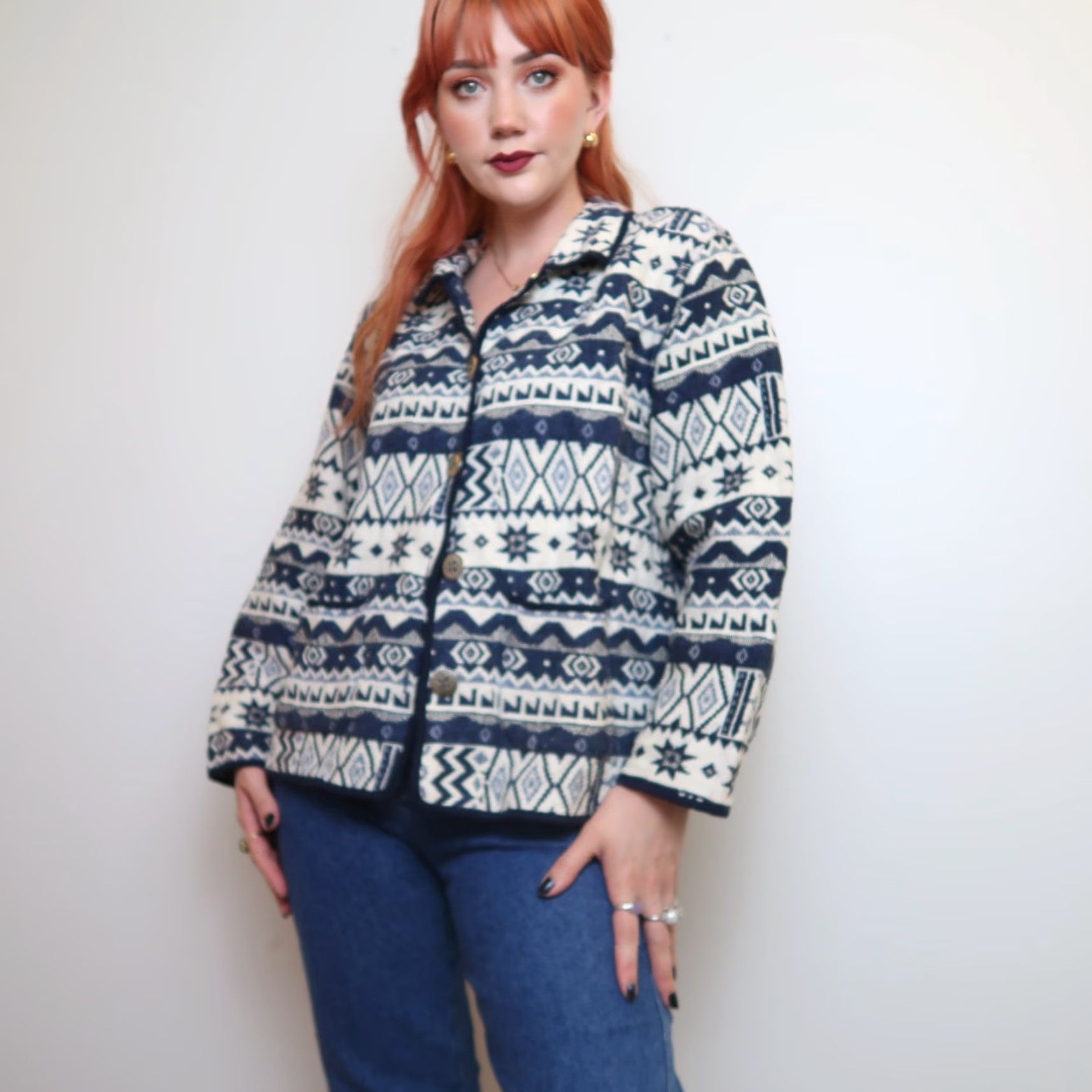 Vintage VINTAGE 90s blue and cream tapestry jacket coat Jane Ashley 1X XL Geometric Cotton Casual Mens Womens Adults? Size XL / US 12-14 / IT 48-50 - 6 Thumbnail