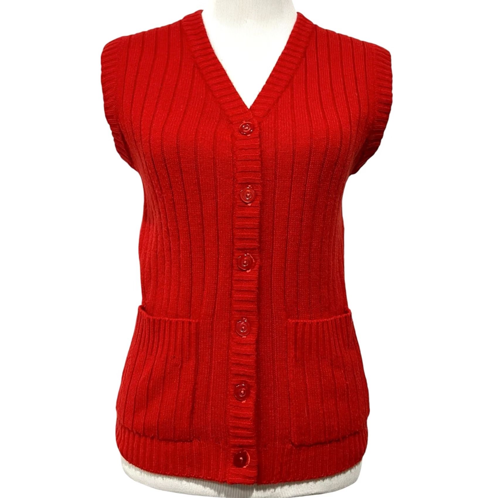 Vintage Merville Women’s Vest Sweater 80s Red V-Neck Pockets Button Front Sz M Vintage Size M / US 6-8 / IT 42-44 - 2 Thumbnail