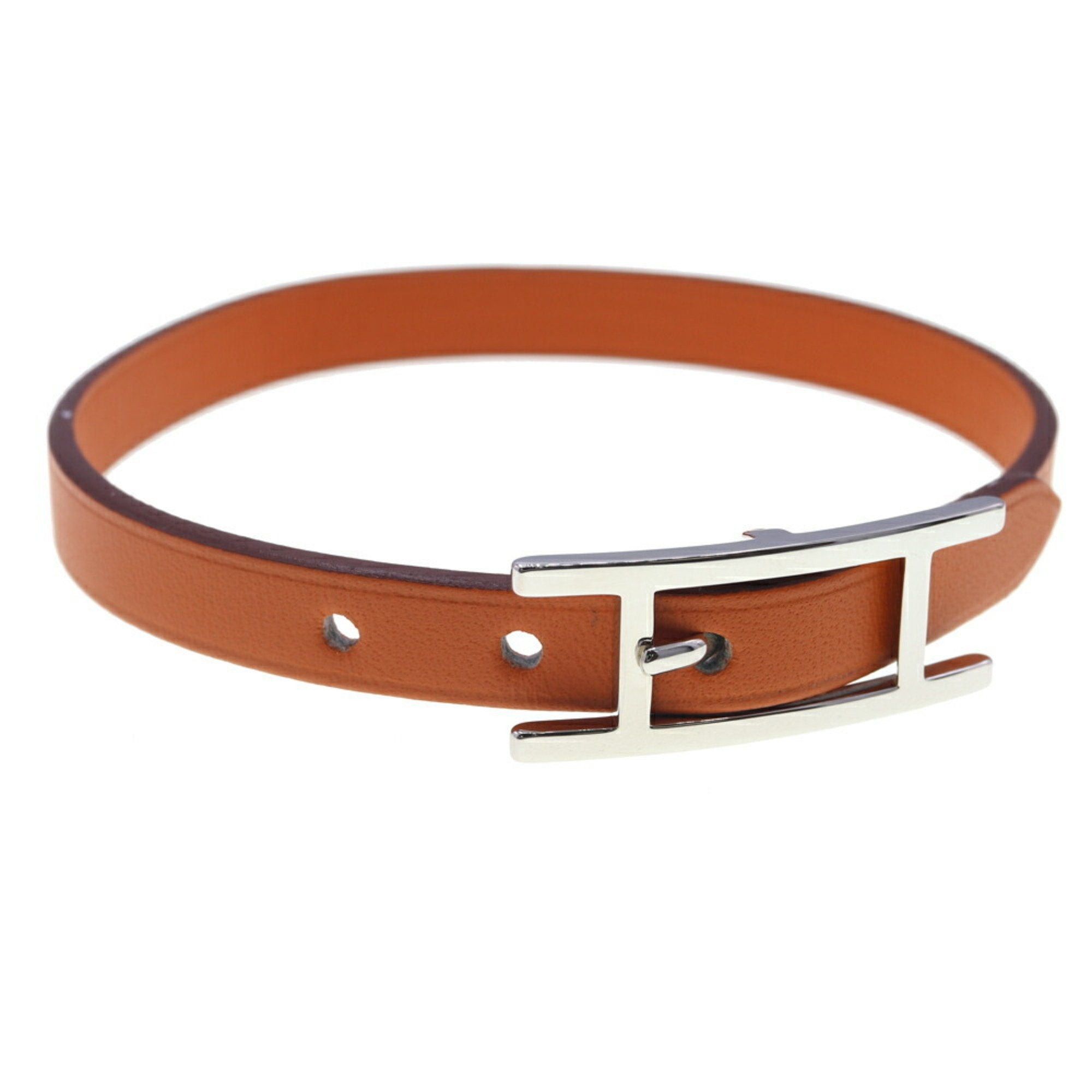 image of Hermes Bracelet Api Iii Orange Leather K Stamped 2007 Made L Size Bangle Women's 3