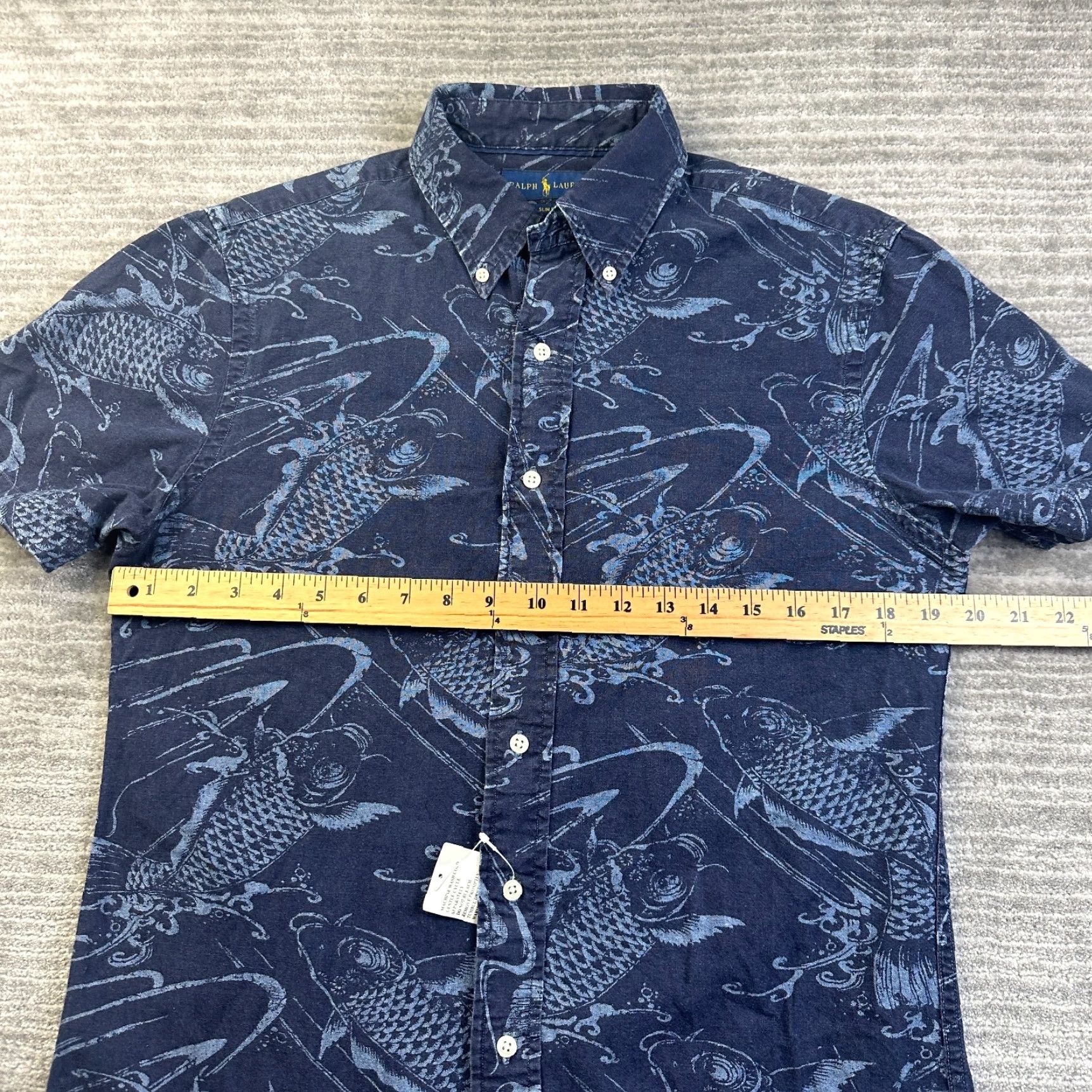 Ralph Lauren Shirt Mens Medium Slim Blue Button Up Koi All Over Print Geometric Pattern Short Sleeve Collared Knit Cotton Embroidered Button Up