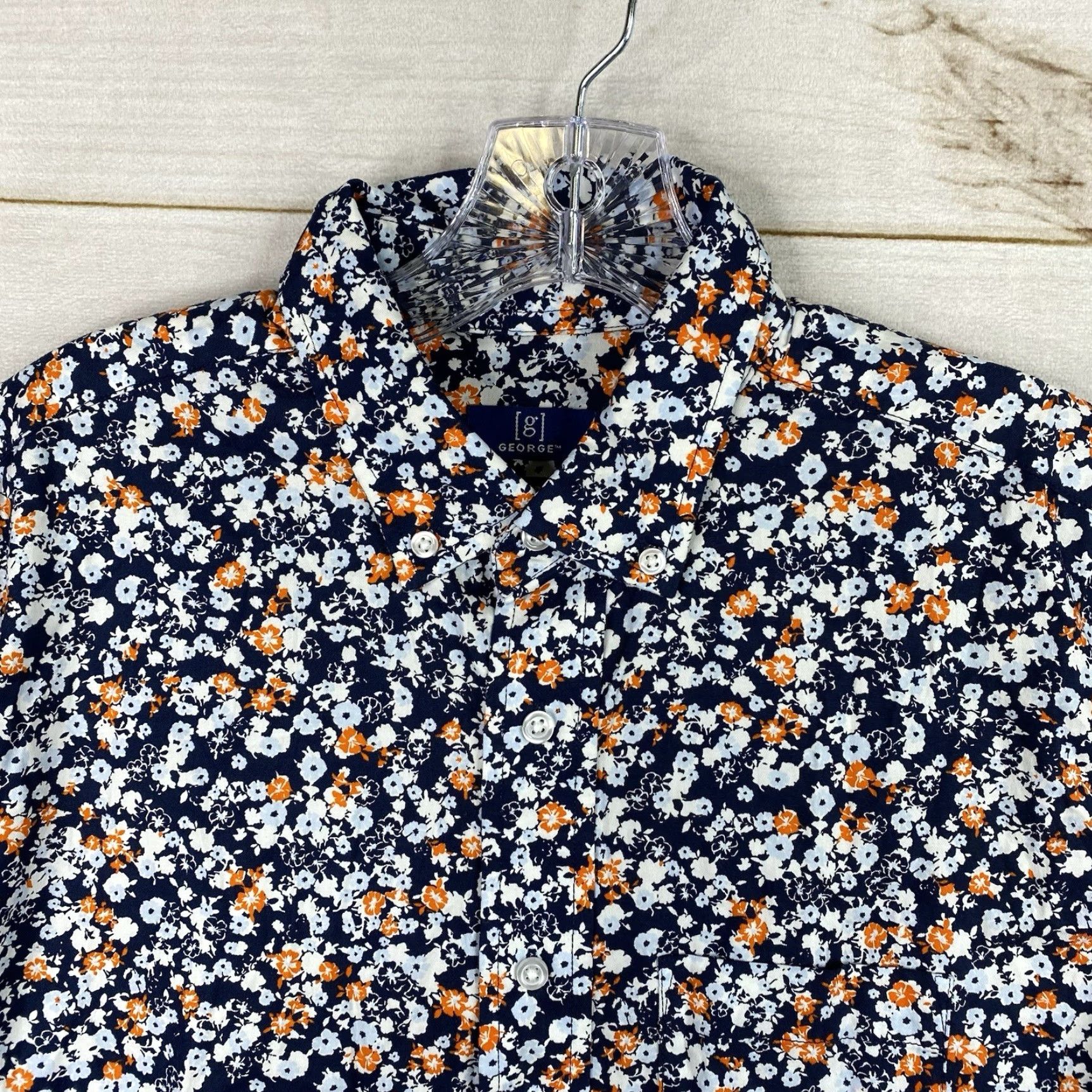 George George Mens Shirt S 34-36 Blue Floral Short Sleeve Button Up Casual Fit Stretch Size US S / EU 44-46 / 1 - 2 Thumbnail