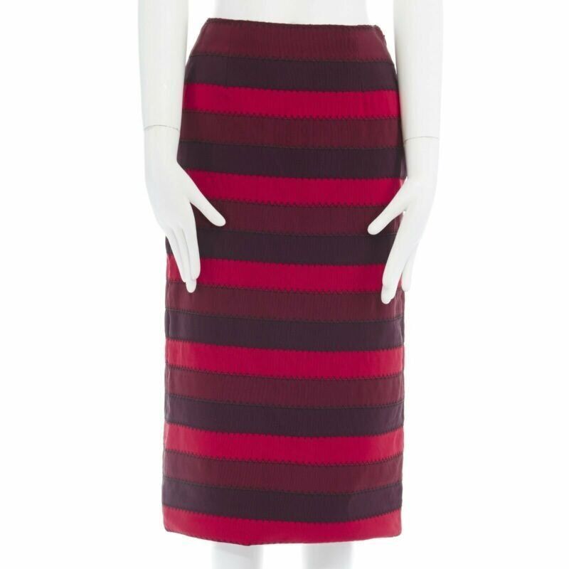Mary Katrantzou MARY KATRANTZOU red purple stripe ribbon overstitched fitted midi skirt UK8 26" Size 27" / US 4 / IT 40 - 1 Thumbnail
