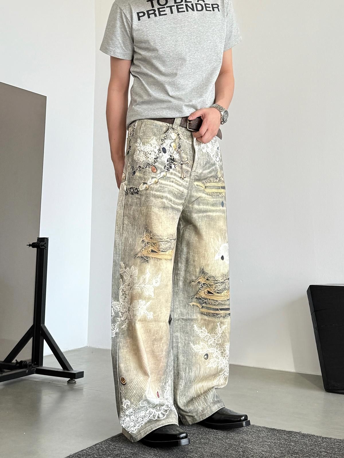 Other Painted Distressed Ripped Wide Leg Loose Jeans Size US 32 / EU 48 - 3 Thumbnail