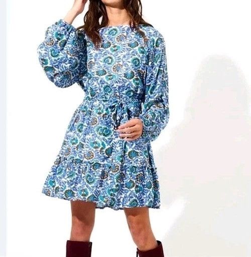 Oliphant Dress Napa Flirty Mini Blue Multi Print Long Balloon Sleeve Size M / US 6-8 / IT 42-44 - 1 Thumbnail