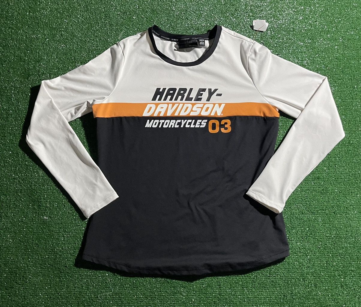 image of Harley Davidson Long Sleeve in Black/White/Orange, Women's (Size Large)