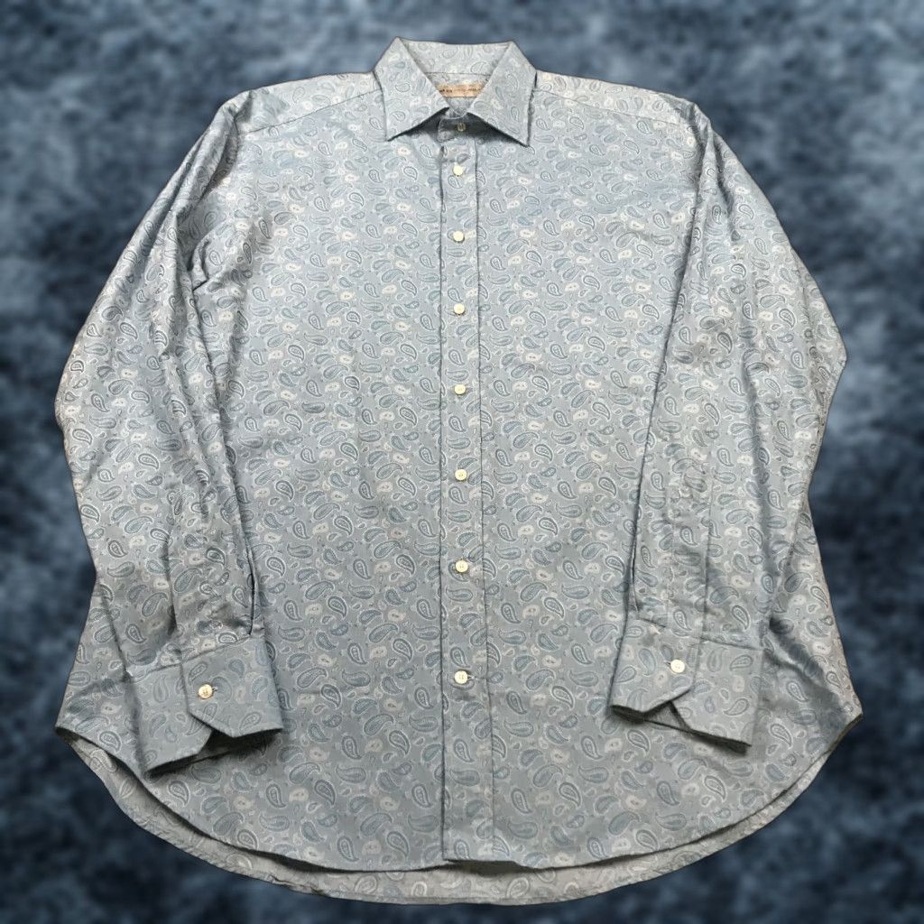 ETRO Shirt Mens 43 Blue Paisley Cotton Italy Long Sleeve Button-Up