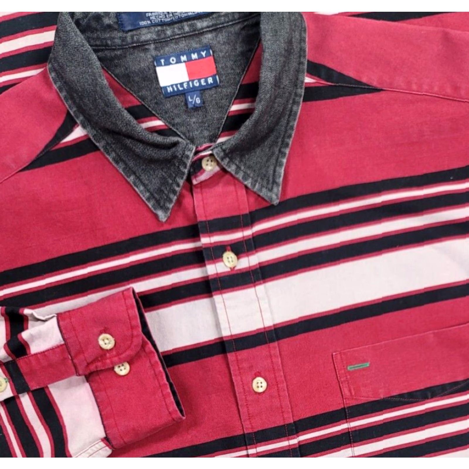 Tommy Hilfiger VINTAGE Tommy Hilfiger Shirt Men L Red Black Stripe Button-Up Collared Long Sleeve Denim Canvas 90s Logo Size US L / EU 52-54 / 3 - 2 Thumbnail