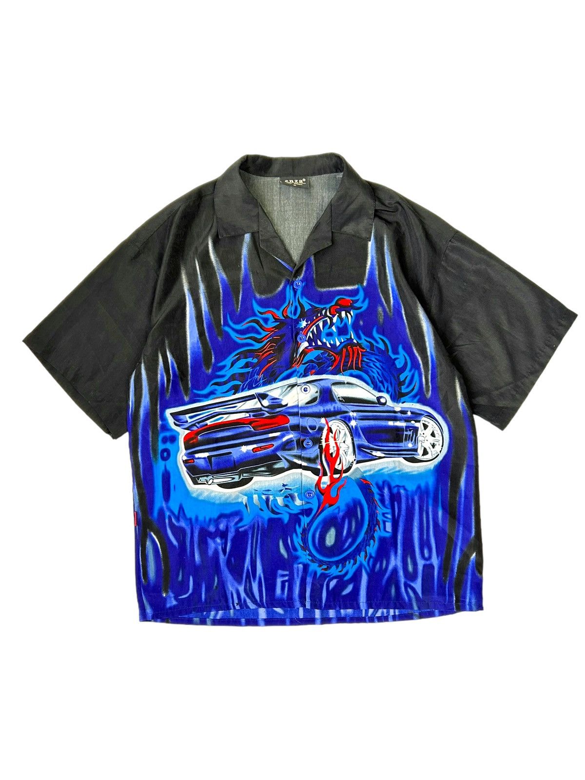 Pre-owned Streetwear Y2k Dragon Fire Shirt In Black/navy