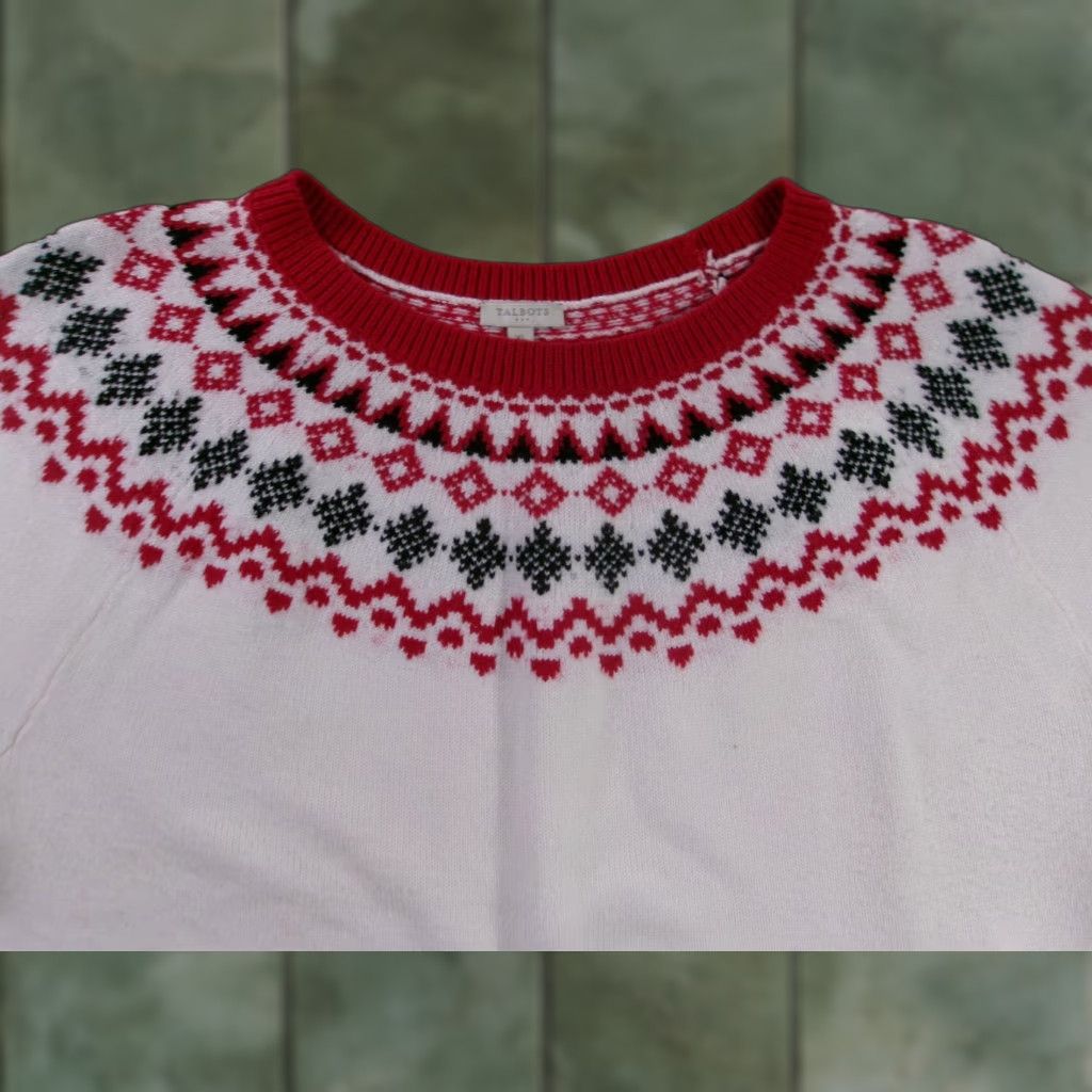 Talbots Talbots Sweater Womens XL White Fair Isle Crewneck Pullover Cotton Blend Long Sleeve Ribbed Hem Holiday Size XL / US 12-14 / IT 48-50 - 1 Thumbnail