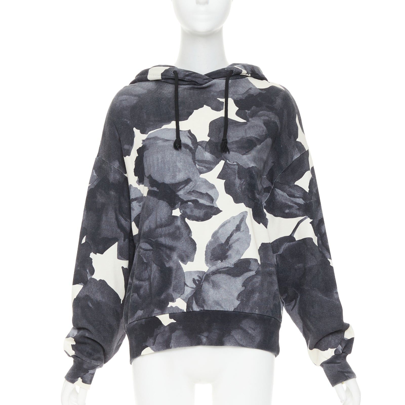 Dries Van Noten DRIES VAN NOTEN grey ivory cotton abstract rose print black drawstring hoodie S Size S / US 4 / IT 40 - 1 Thumbnail