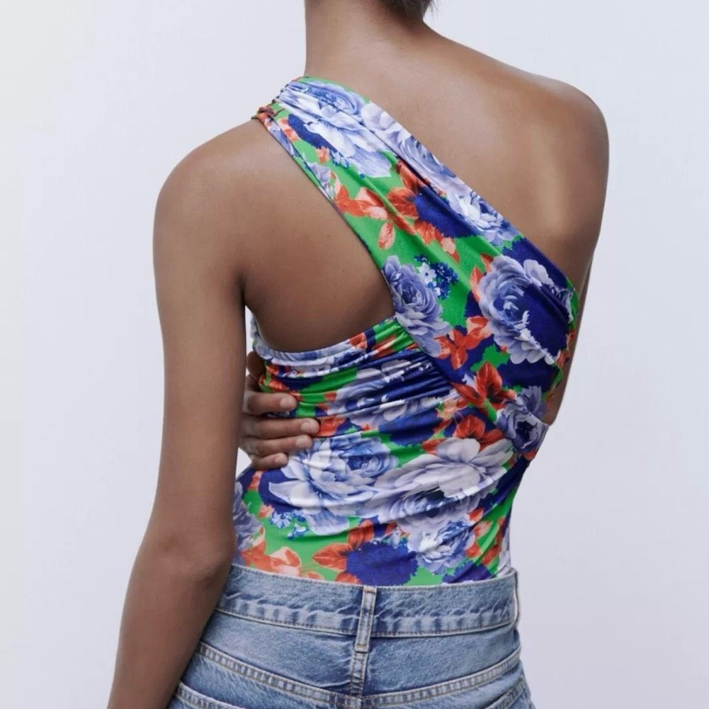 Zara ZARA Single Shoulder Royal Blue Floral Bodysuit, Ruched Top, Women’s Medium Size M / US 6-8 / IT 42-44 - 5 Thumbnail