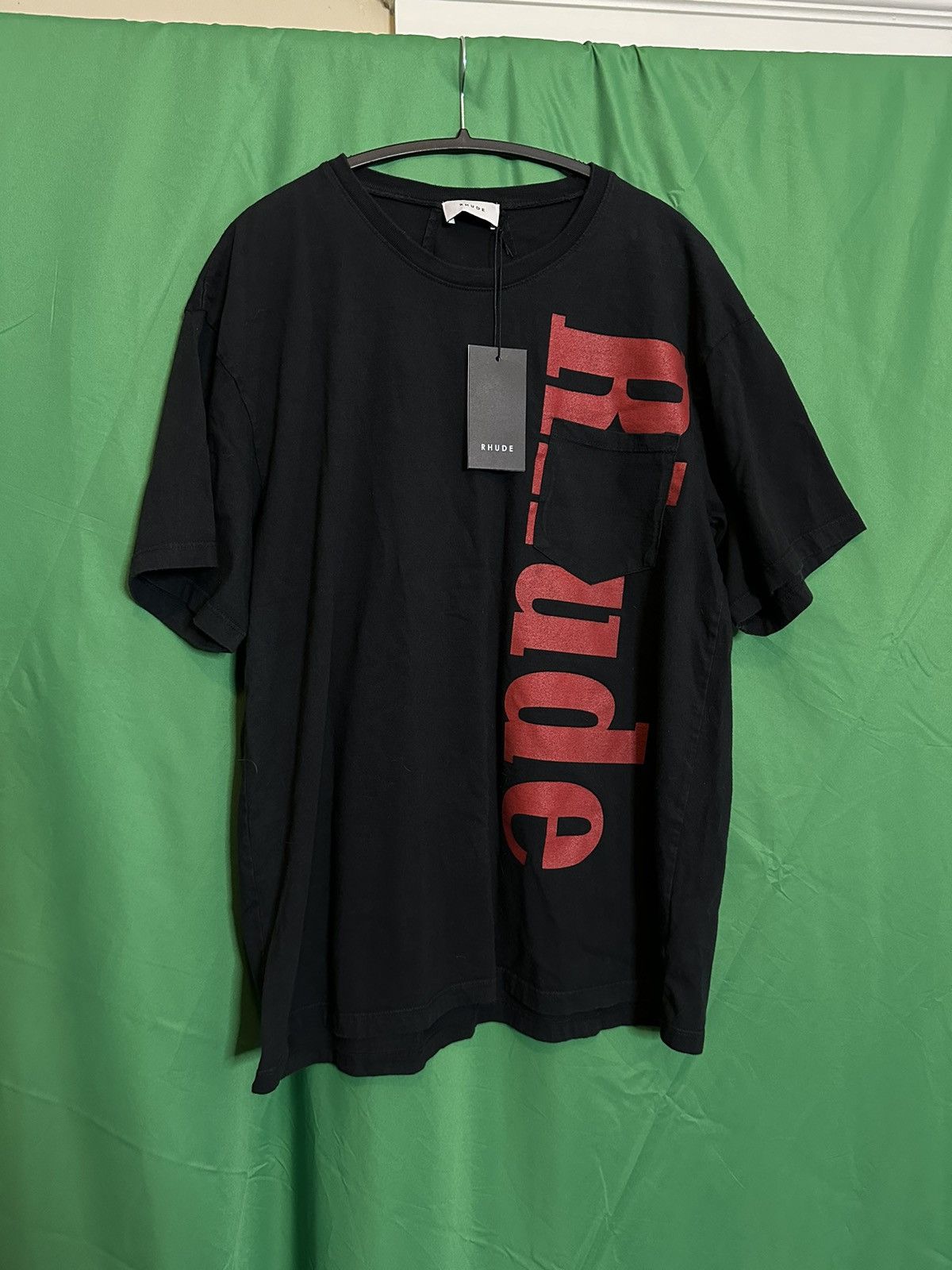 Image of Rhude Vintage Pocket T-Shirt With Large Red Logo Graphic in Black, Men's (Size Small)