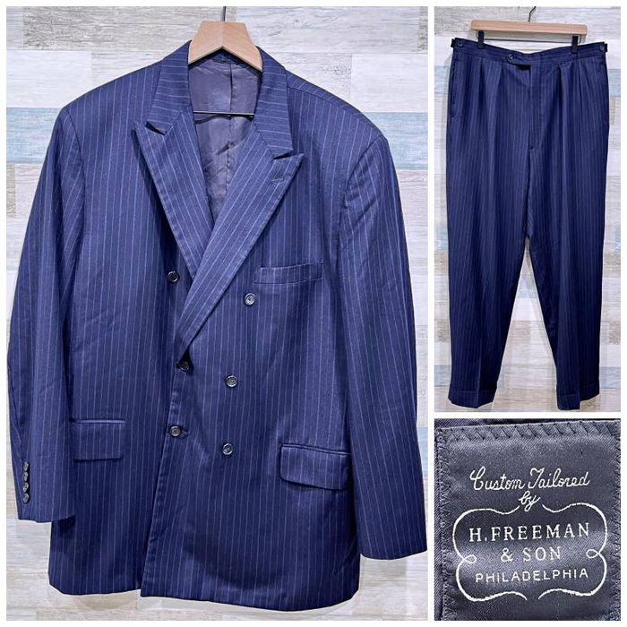 Hickey Freeman H Freeman & Son Striped Double Breasted Suit Blue Peak 46L Grailed