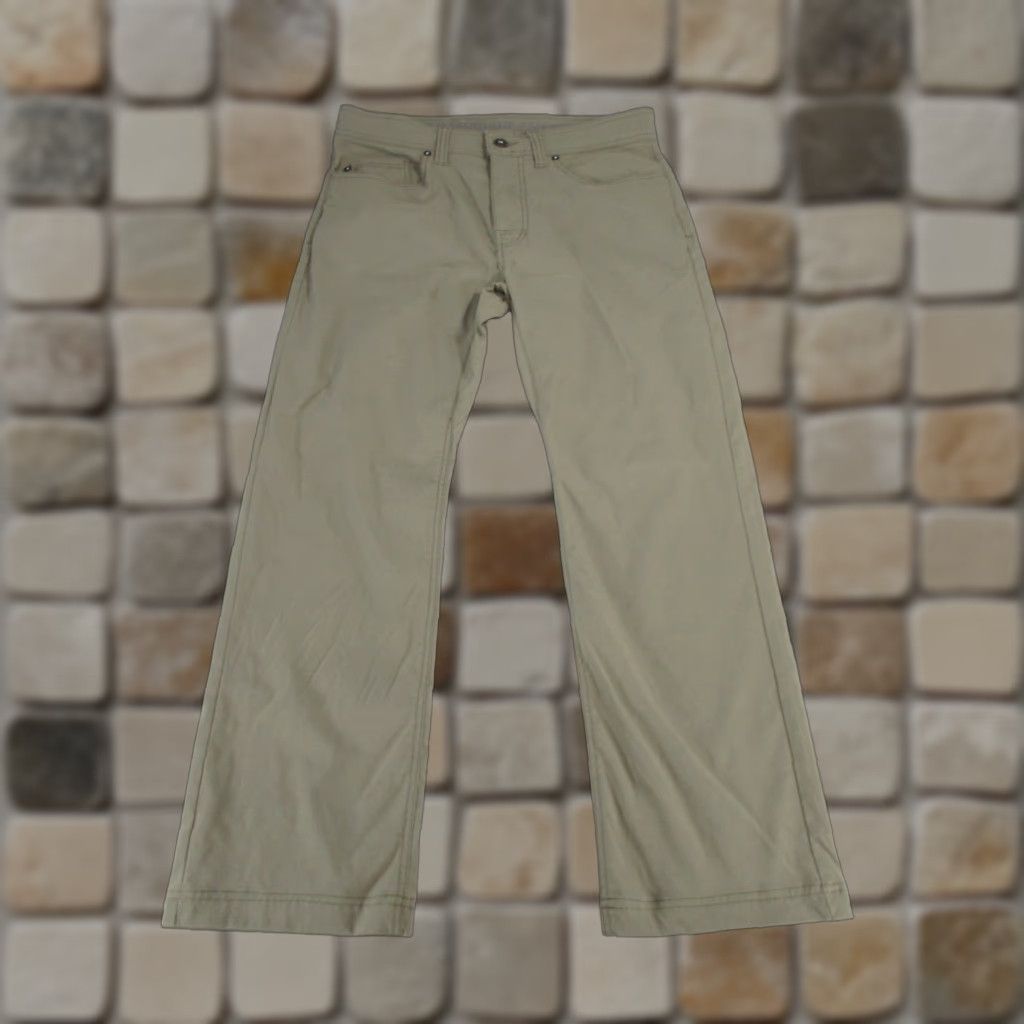 Prana Pants Mens 32 Slim Fit 32X27 Brown Nylon Flat Front Knit Chino Logo Nature Sports 90s? (No ensure no new info)