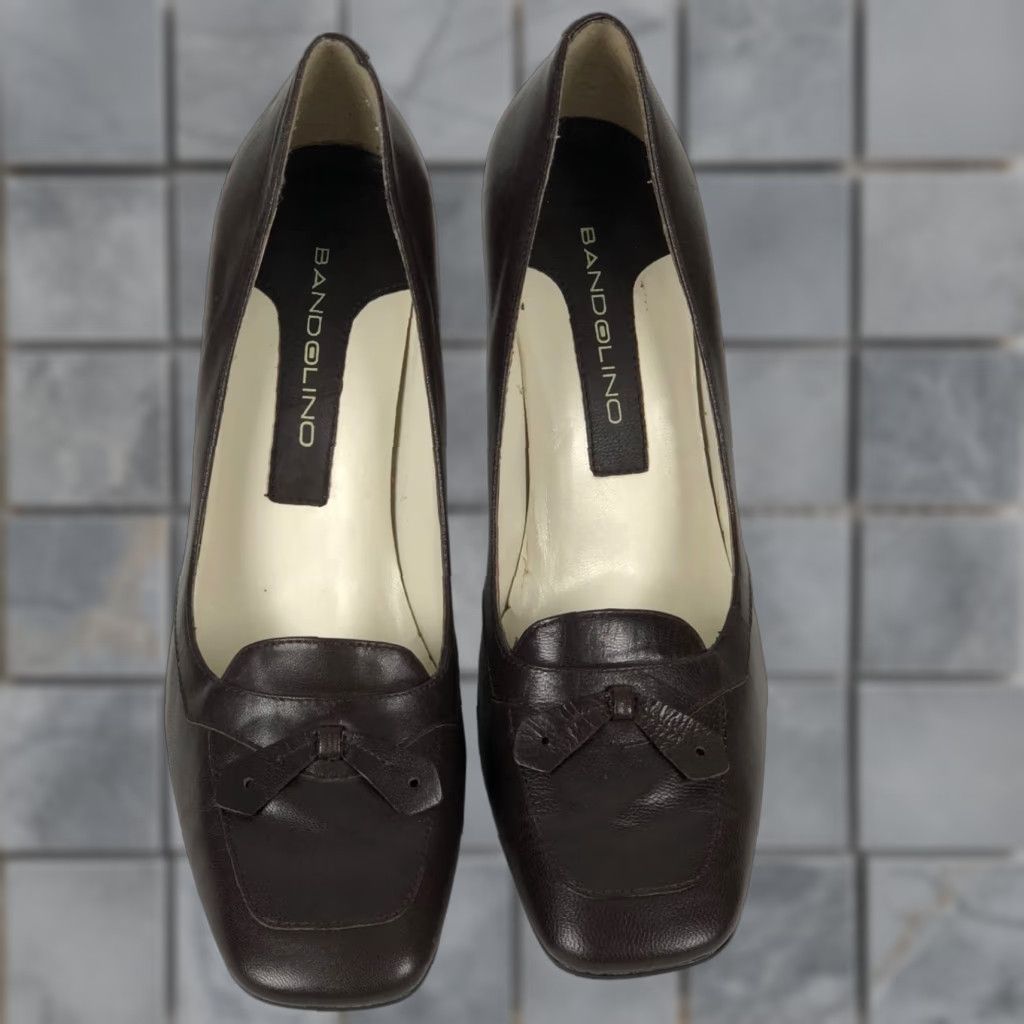 Vintage VINTAGE Bandolino Womens Pumps Brown Leather Bow Square Toe Heels 8 M Clampbow? Size US 8 / IT 38 - 1 Thumbnail